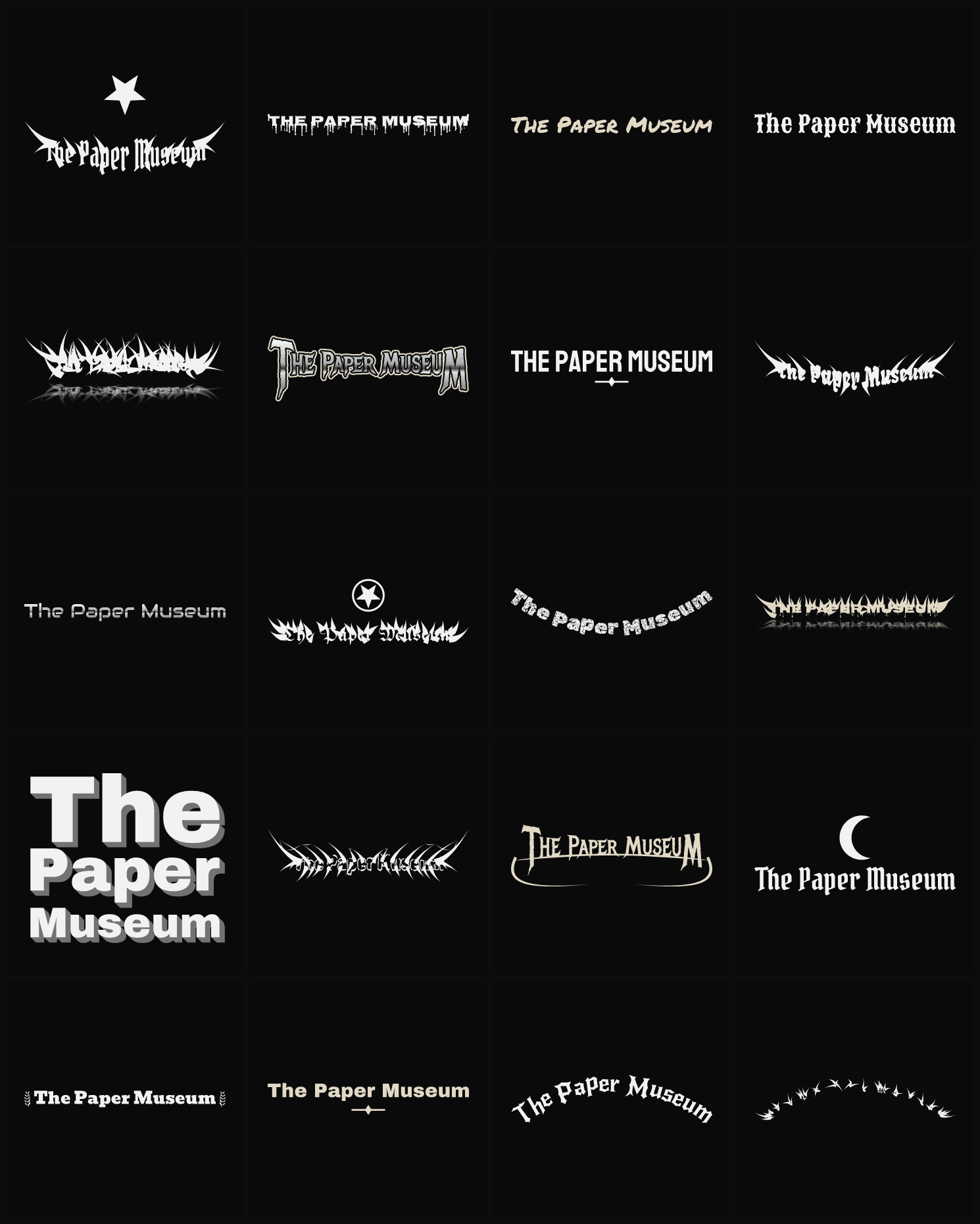 Twenty The Paper Museum band logo ideas — different faces, treatments and spike settings