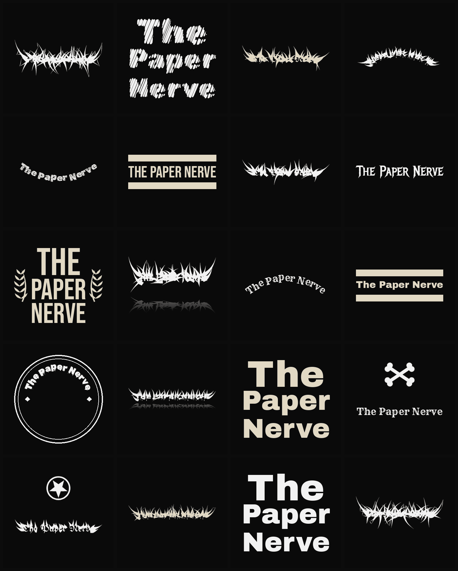 Twenty The Paper Nerve band logo ideas — different faces, treatments and spike settings