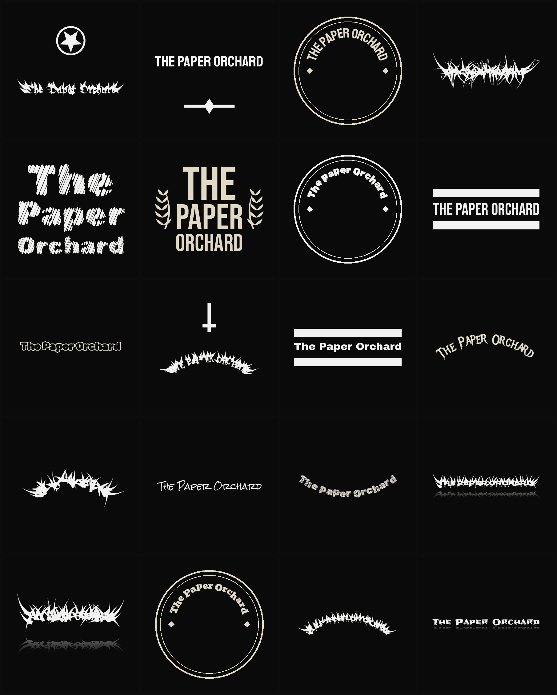 Twenty The Paper Orchard band logo ideas — different faces, treatments and spike settings