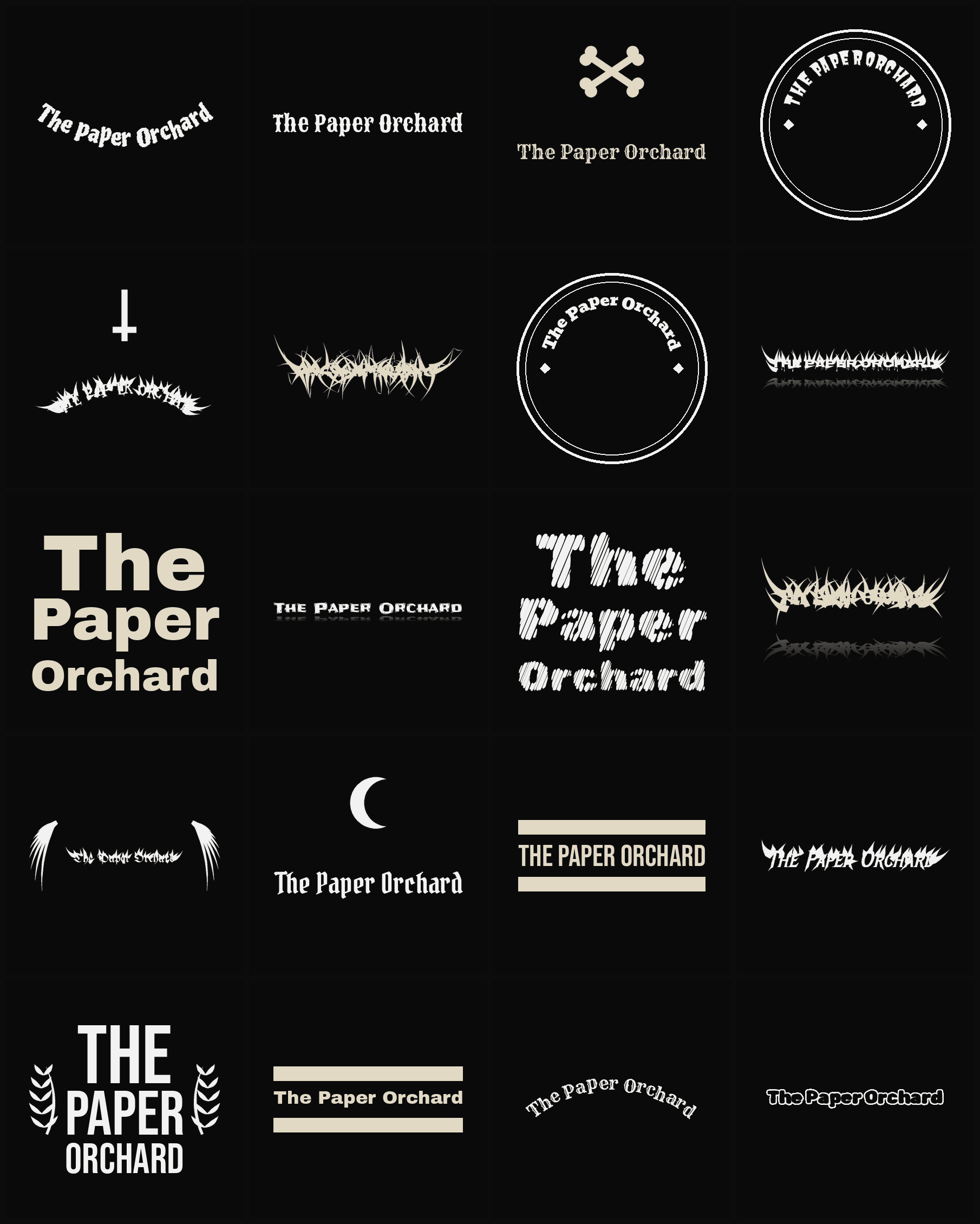 Twenty The Paper Orchard band logo ideas — different faces, treatments and spike settings