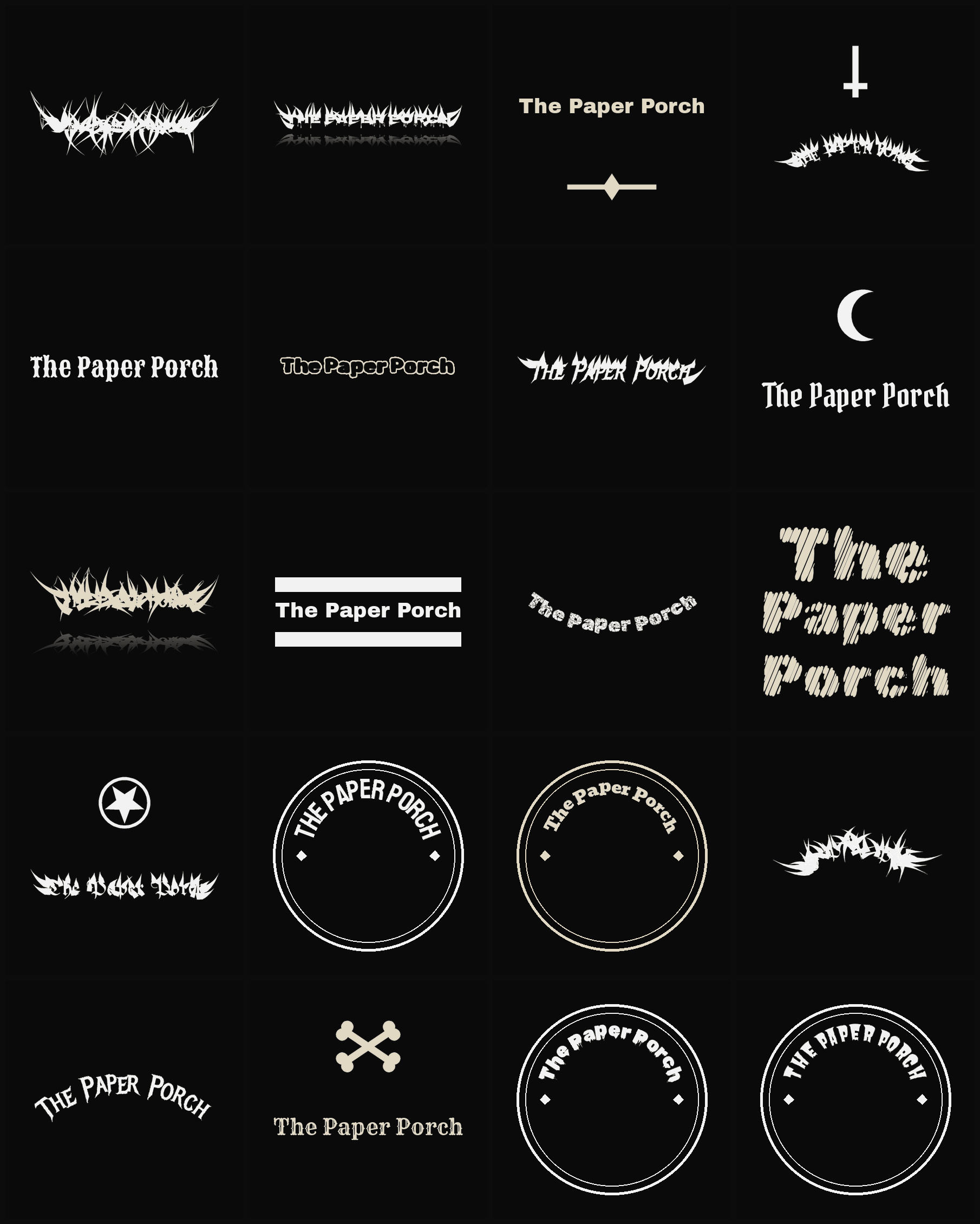 Twenty The Paper Porch band logo ideas — different faces, treatments and spike settings