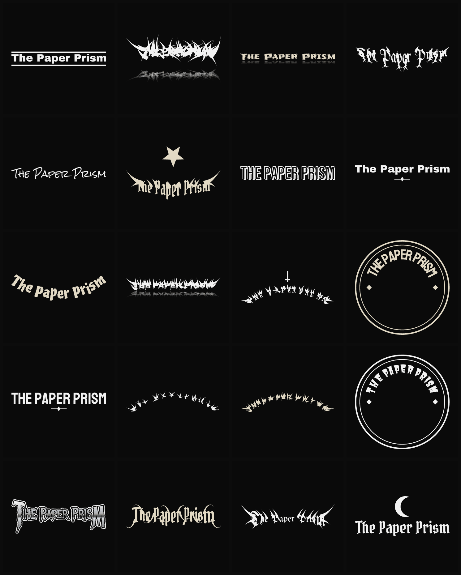 Twenty The Paper Prism band logo ideas — different faces, treatments and spike settings