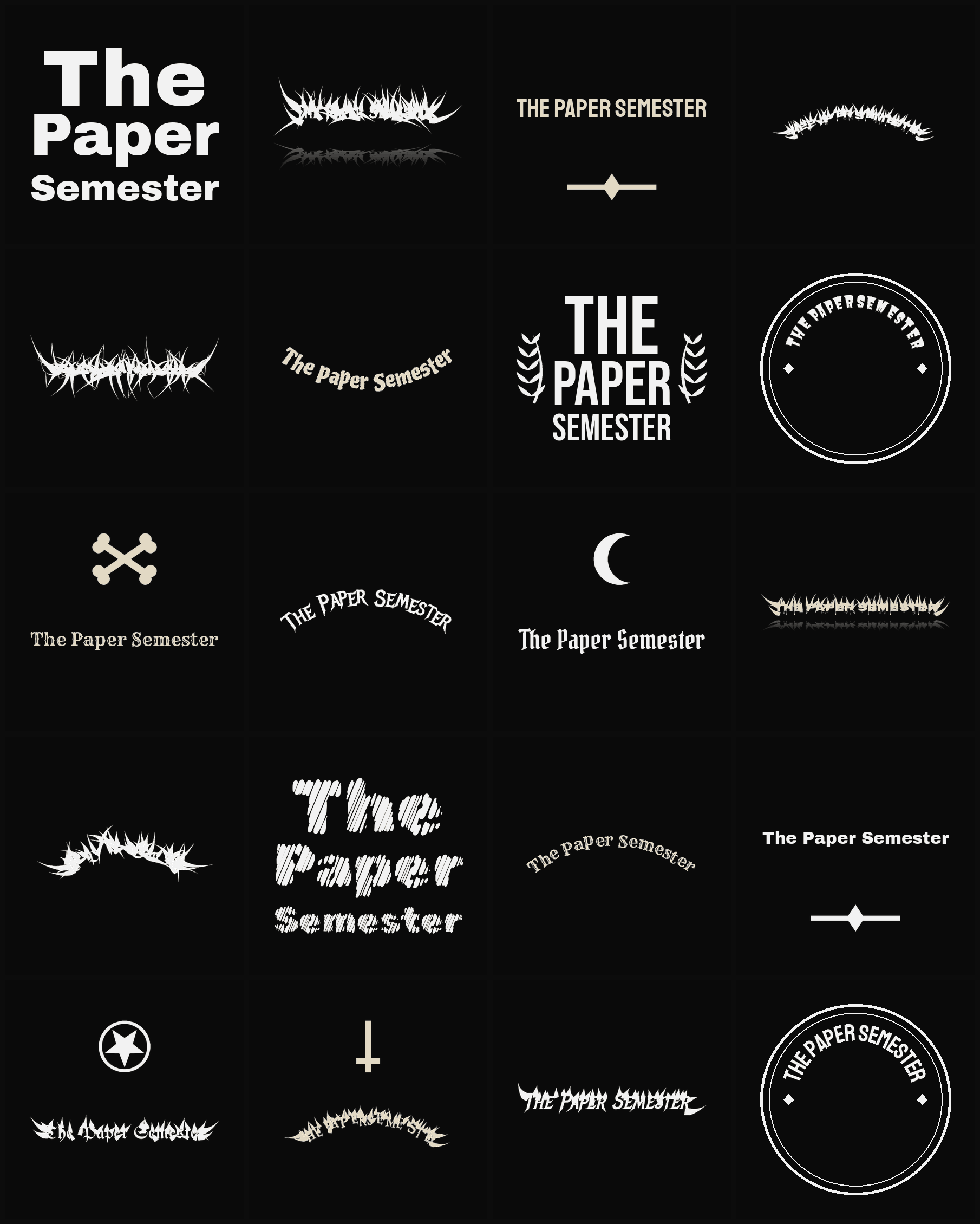 Twenty The Paper Semester band logo ideas — different faces, treatments and spike settings