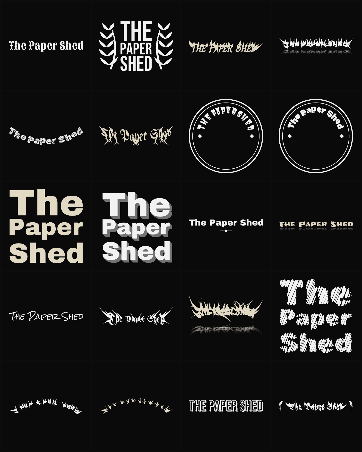 Twenty The Paper Shed band logo ideas — different faces, treatments and spike settings