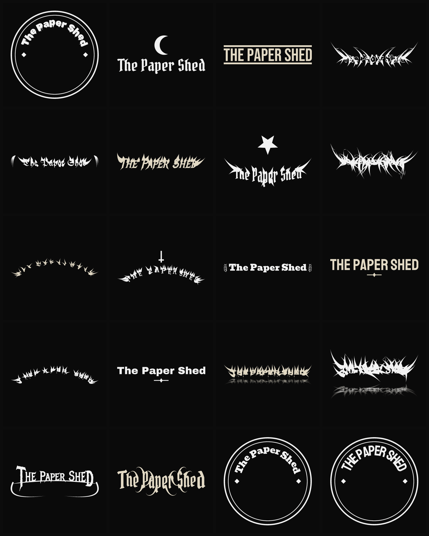 Twenty The Paper Shed band logo ideas — different faces, treatments and spike settings