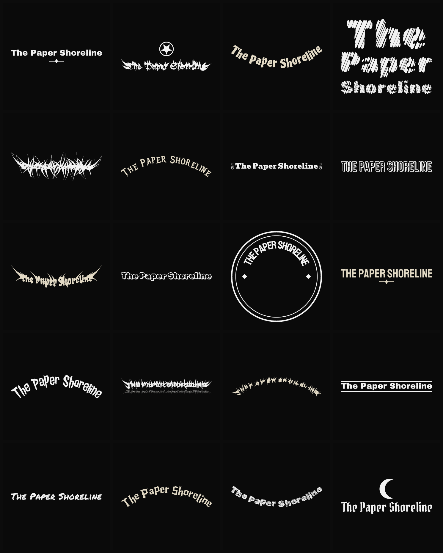 Twenty The Paper Shoreline band logo ideas — different faces, treatments and spike settings