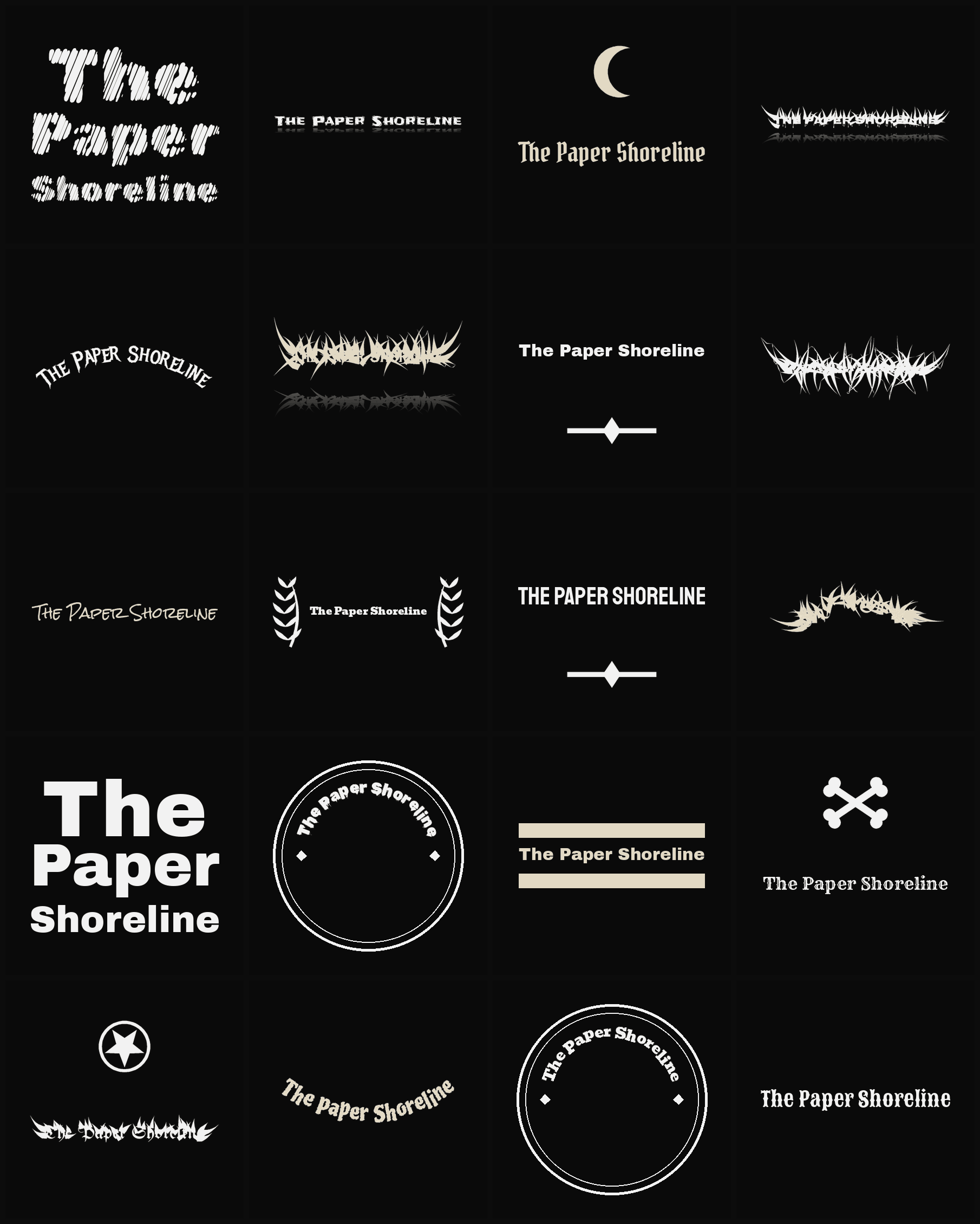 Twenty The Paper Shoreline band logo ideas — different faces, treatments and spike settings