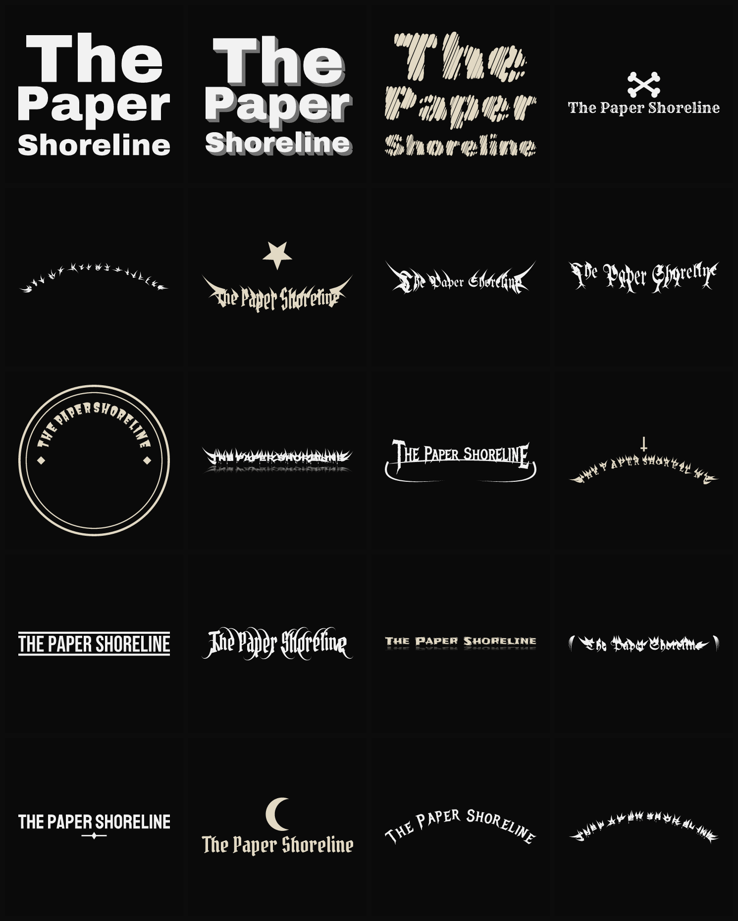 Twenty The Paper Shoreline band logo ideas — different faces, treatments and spike settings