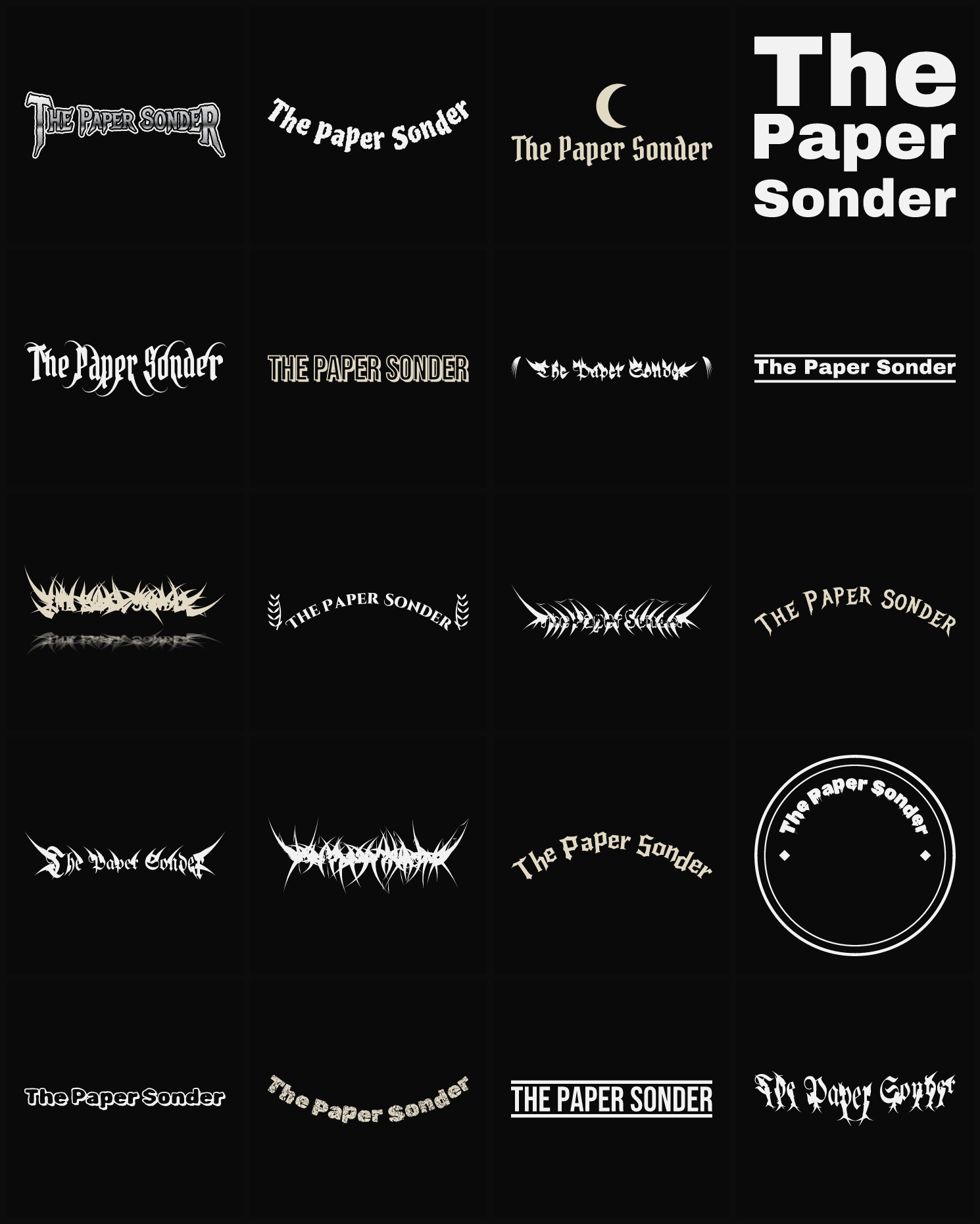 Twenty The Paper Sonder band logo ideas — different faces, treatments and spike settings
