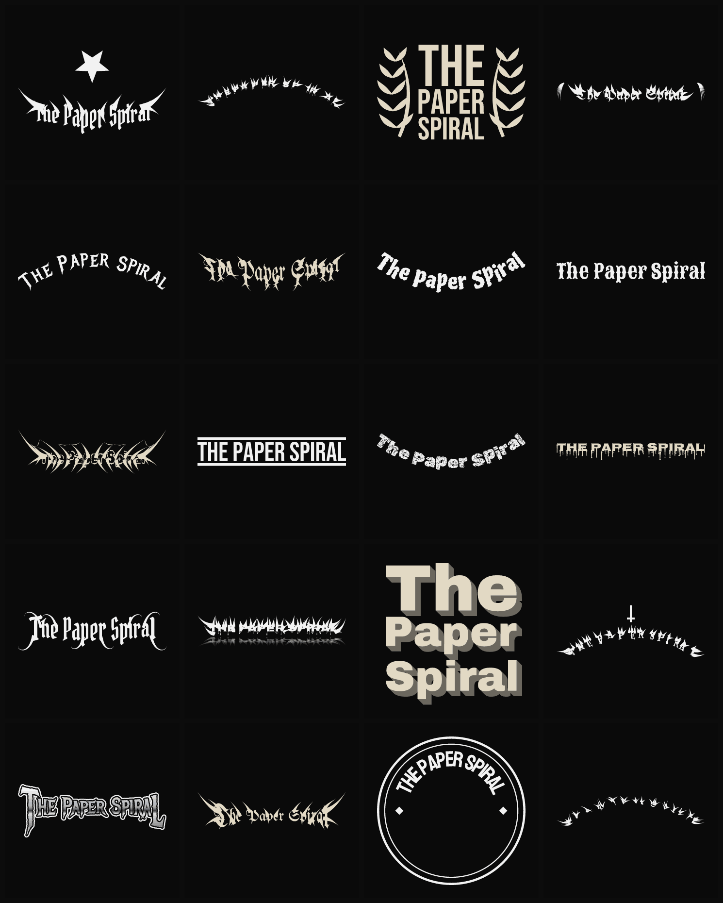 Twenty The Paper Spiral band logo ideas — different faces, treatments and spike settings