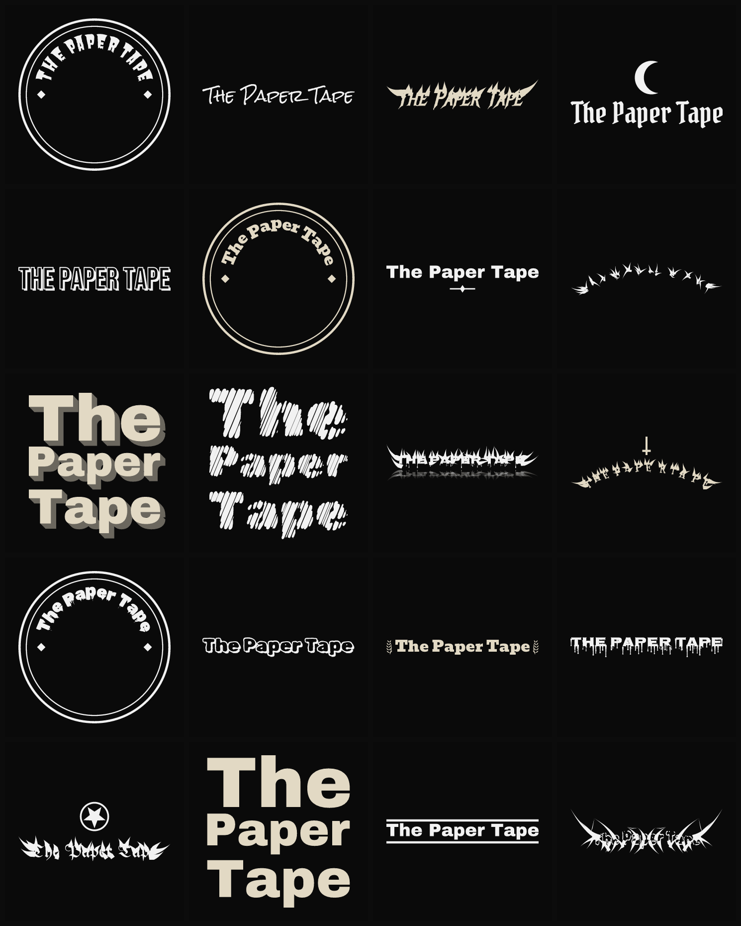 Twenty The Paper Tape band logo ideas — different faces, treatments and spike settings