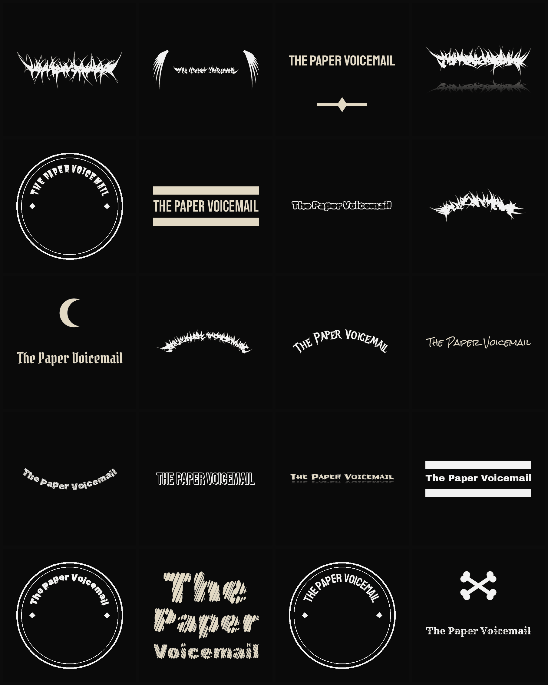 Twenty The Paper Voicemail band logo ideas — different faces, treatments and spike settings