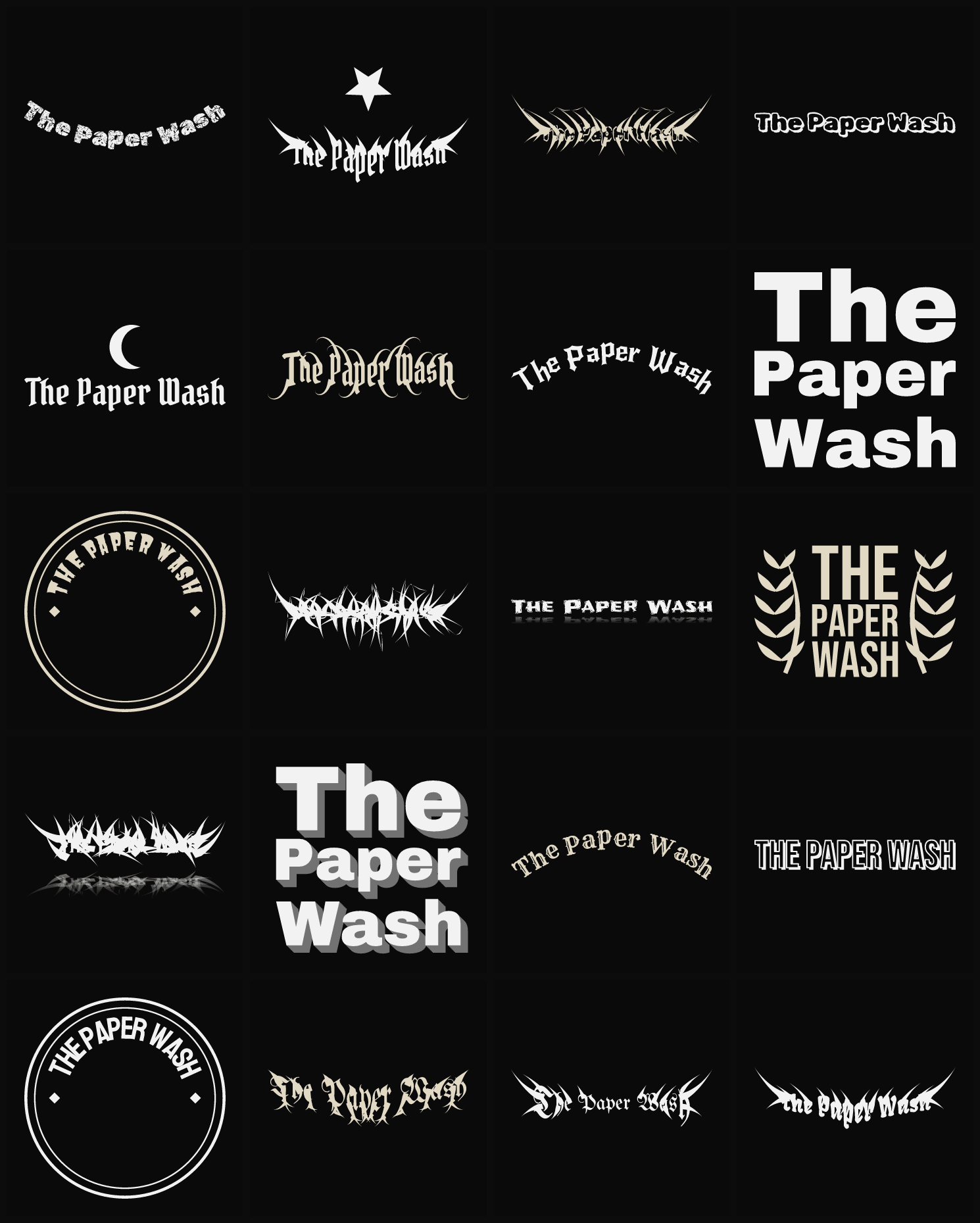 Twenty The Paper Wash band logo ideas — different faces, treatments and spike settings