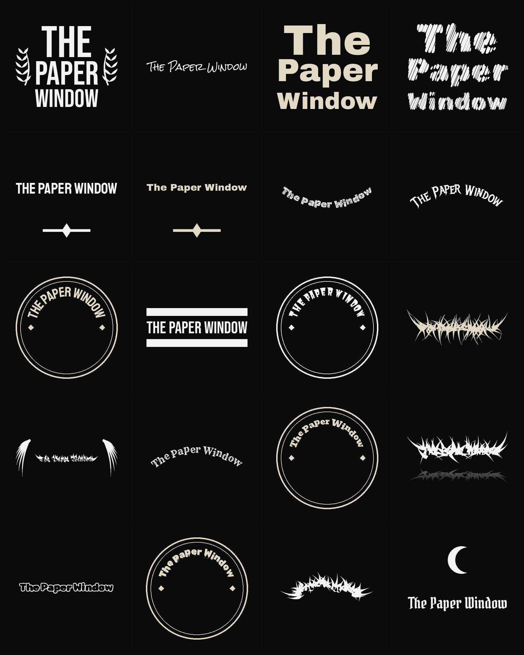 Twenty The Paper Window band logo ideas — different faces, treatments and spike settings