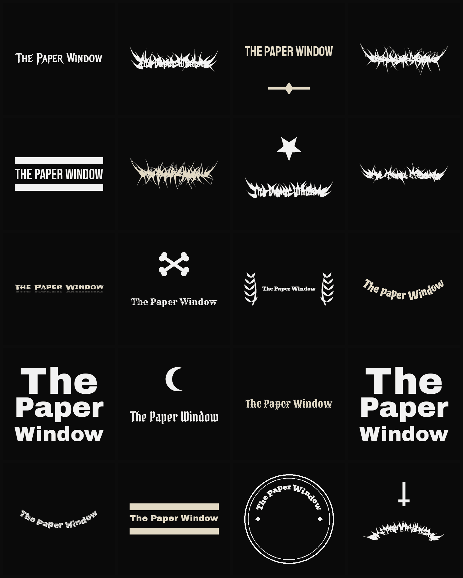 Twenty The Paper Window band logo ideas — different faces, treatments and spike settings