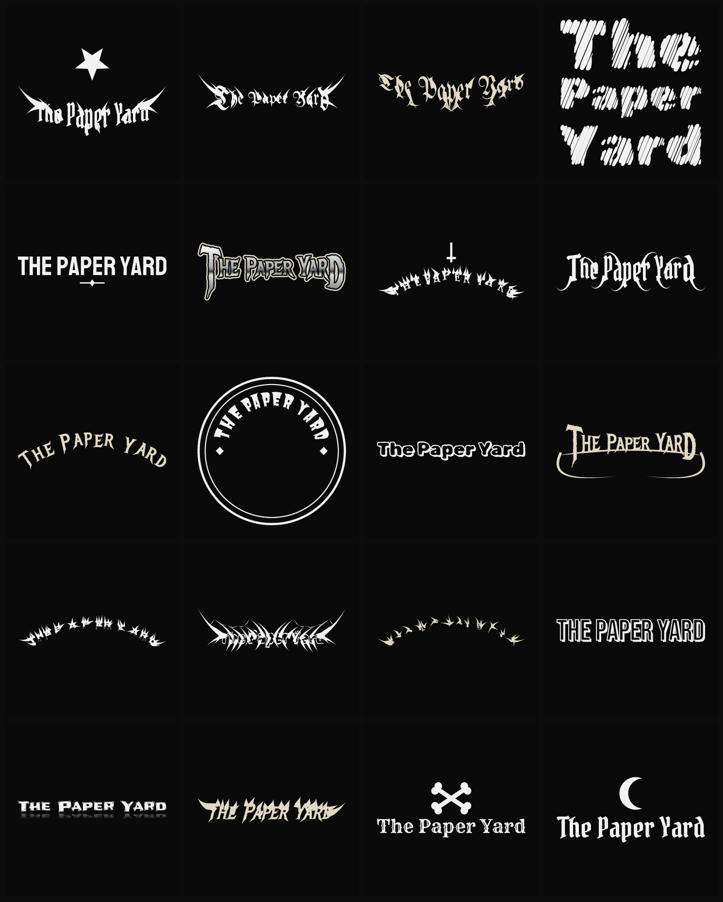 Twenty The Paper Yard band logo ideas — different faces, treatments and spike settings