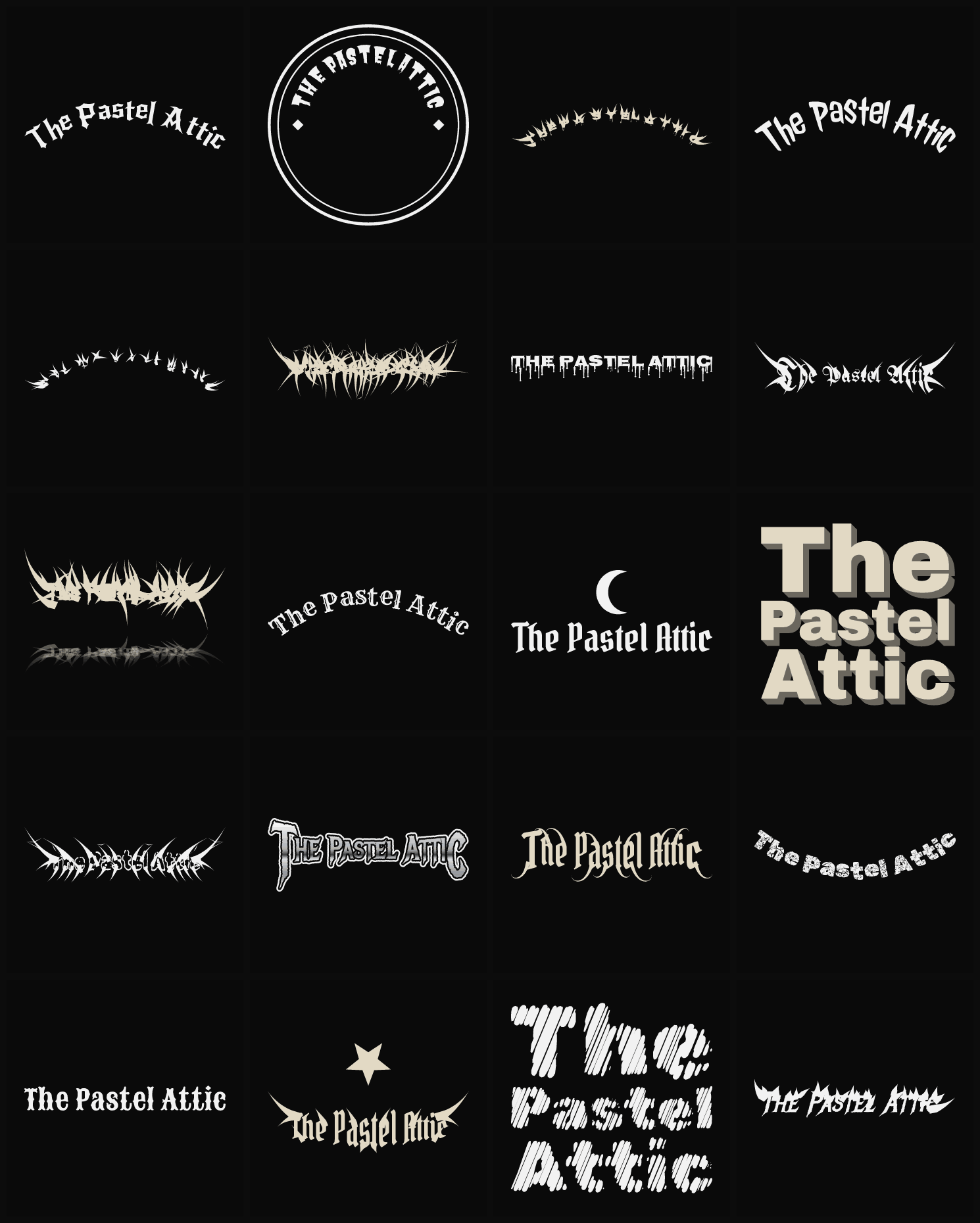 Twenty The Pastel Attic band logo ideas — different faces, treatments and spike settings