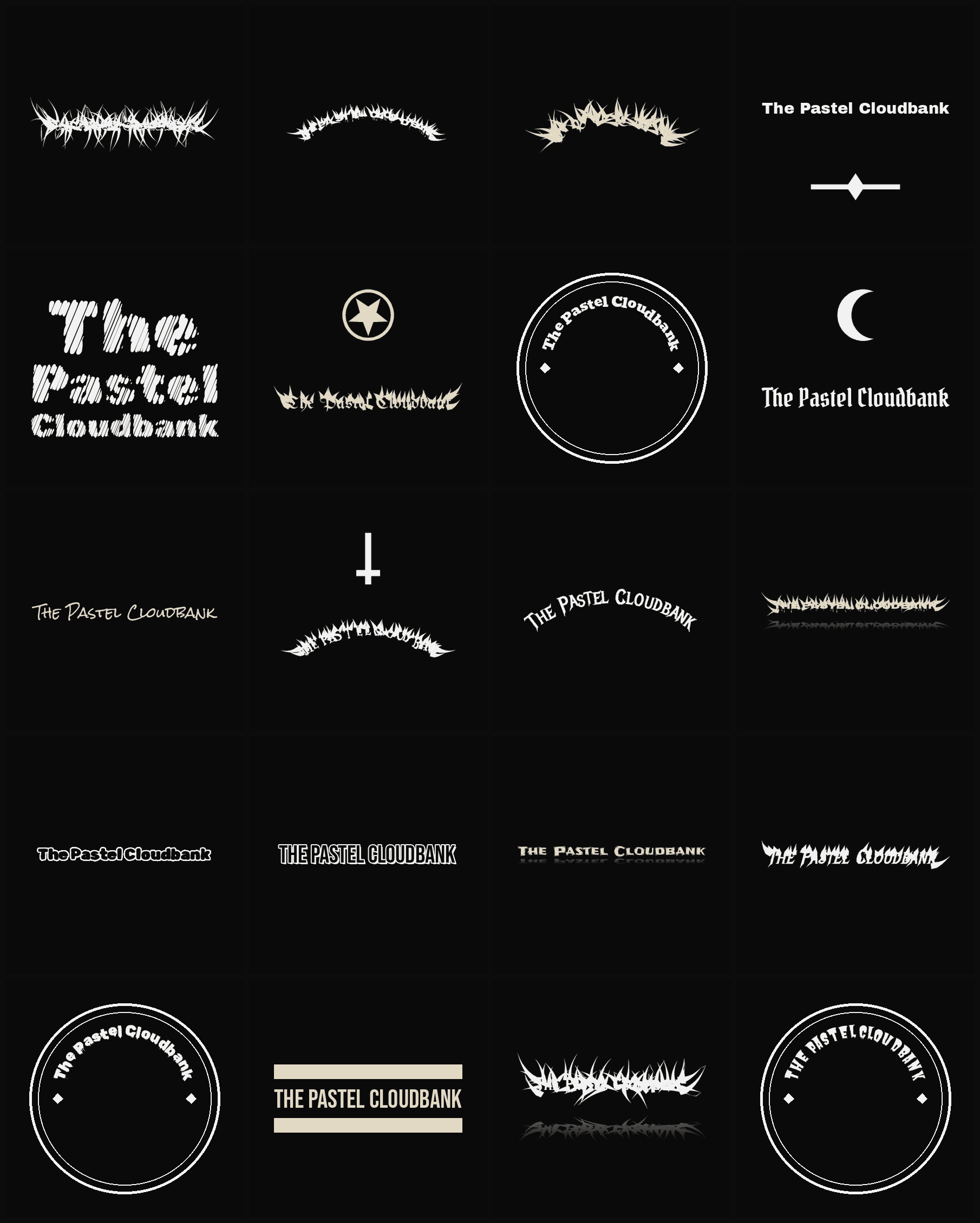 Twenty The Pastel Cloudbank band logo ideas — different faces, treatments and spike settings