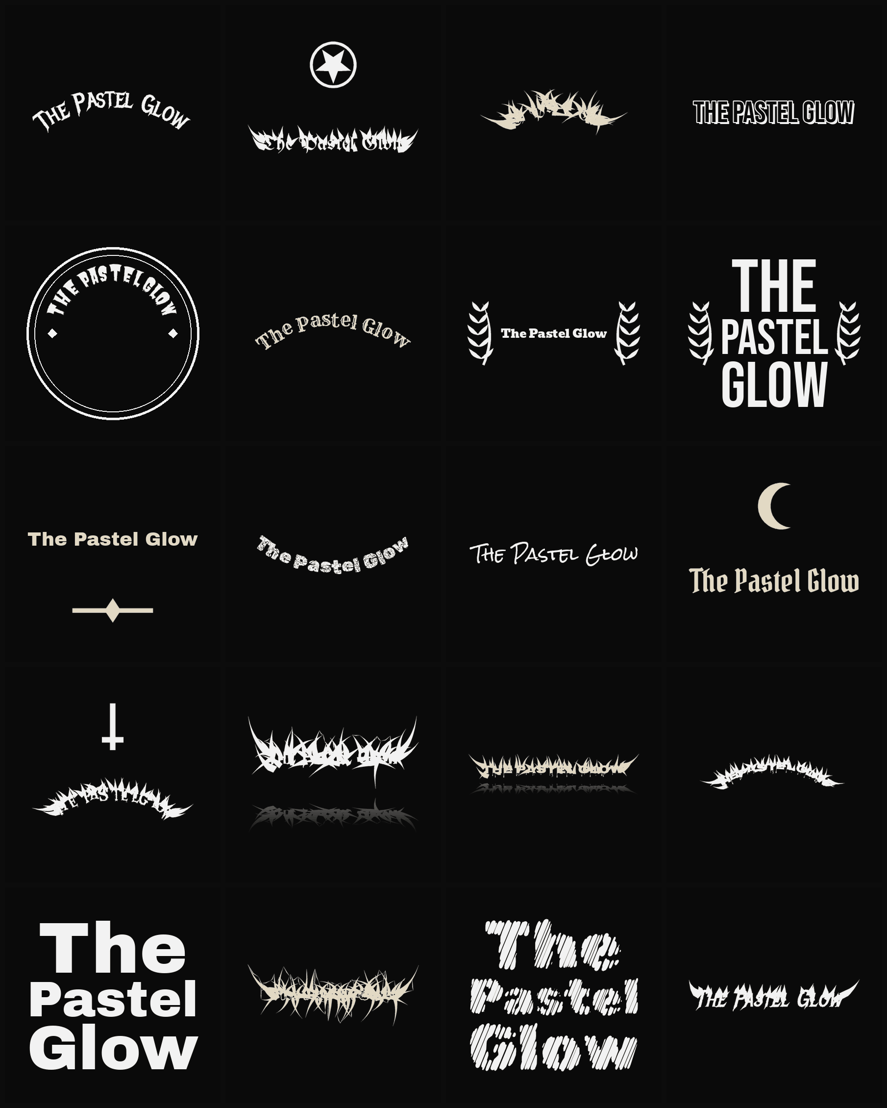 Twenty The Pastel Glow band logo ideas — different faces, treatments and spike settings
