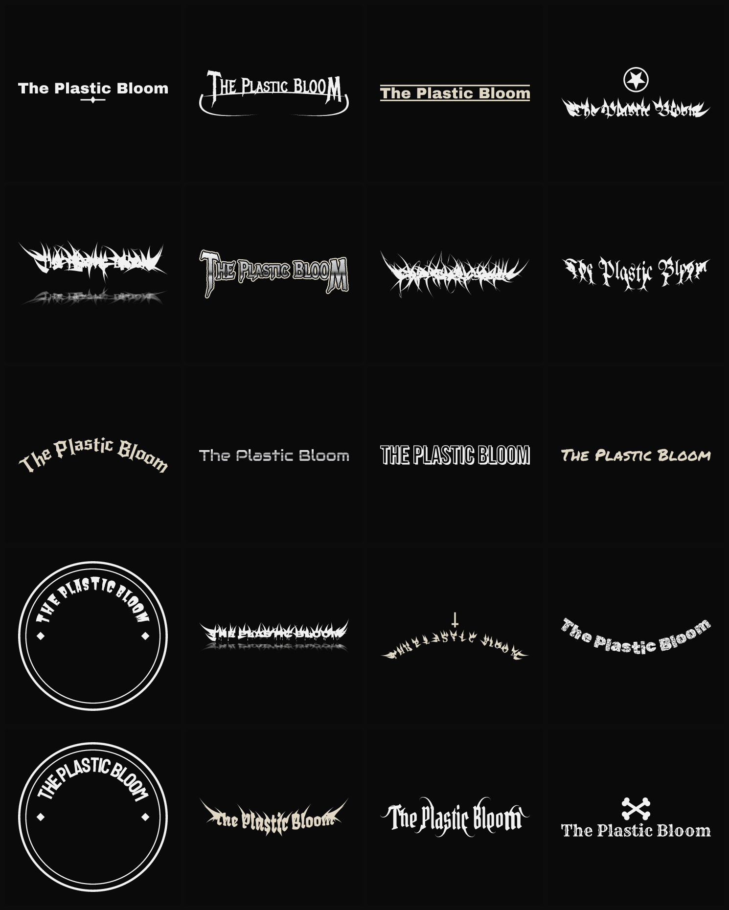 Twenty The Plastic Bloom band logo ideas — different faces, treatments and spike settings