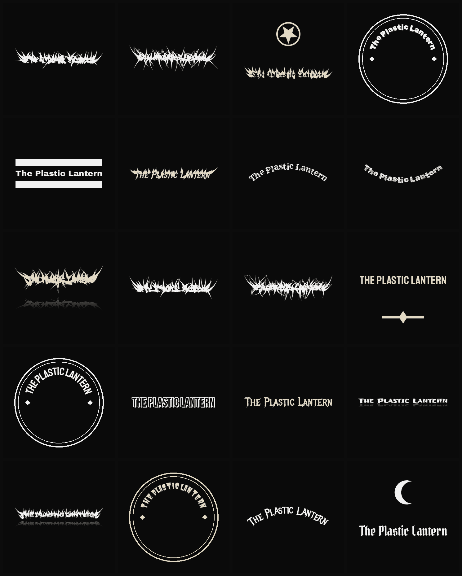 Twenty The Plastic Lantern band logo ideas — different faces, treatments and spike settings