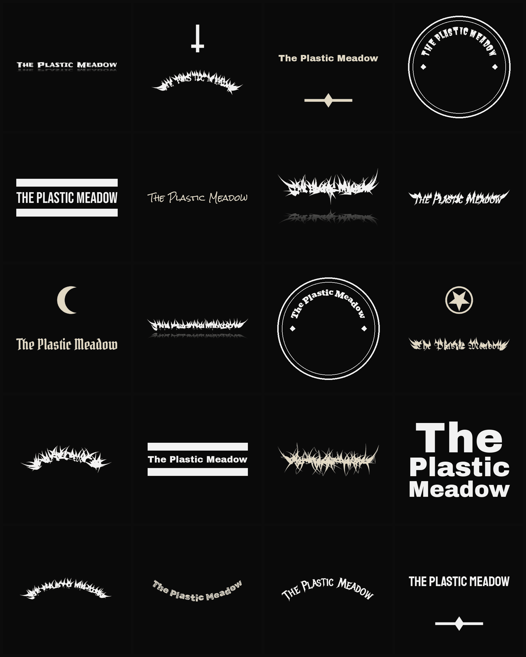 Twenty The Plastic Meadow band logo ideas — different faces, treatments and spike settings