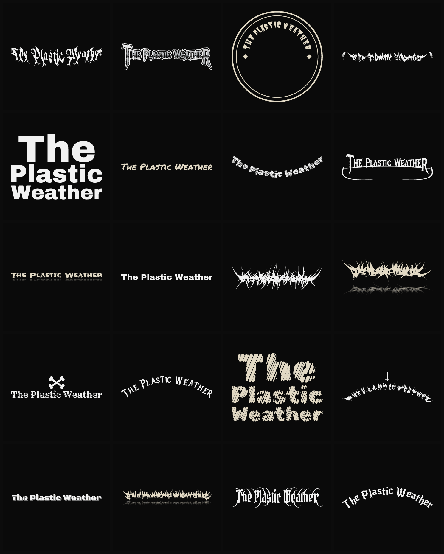 Twenty The Plastic Weather band logo ideas — different faces, treatments and spike settings