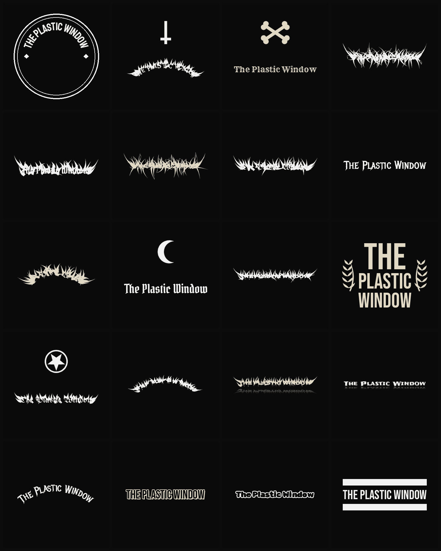Twenty The Plastic Window band logo ideas — different faces, treatments and spike settings
