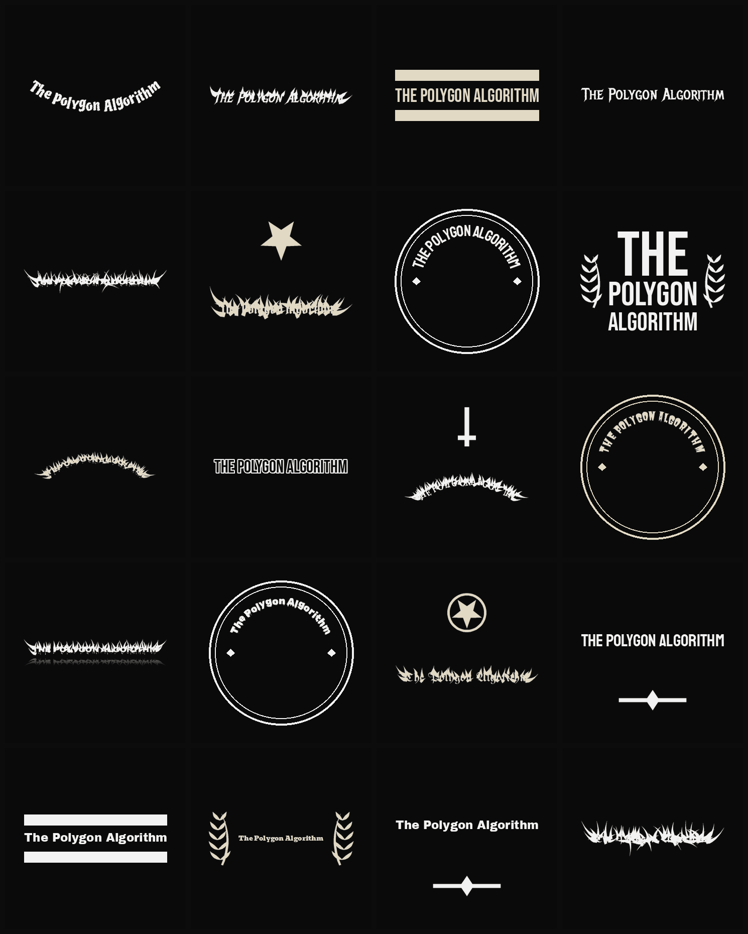 Twenty The Polygon Algorithm band logo ideas — different faces, treatments and spike settings