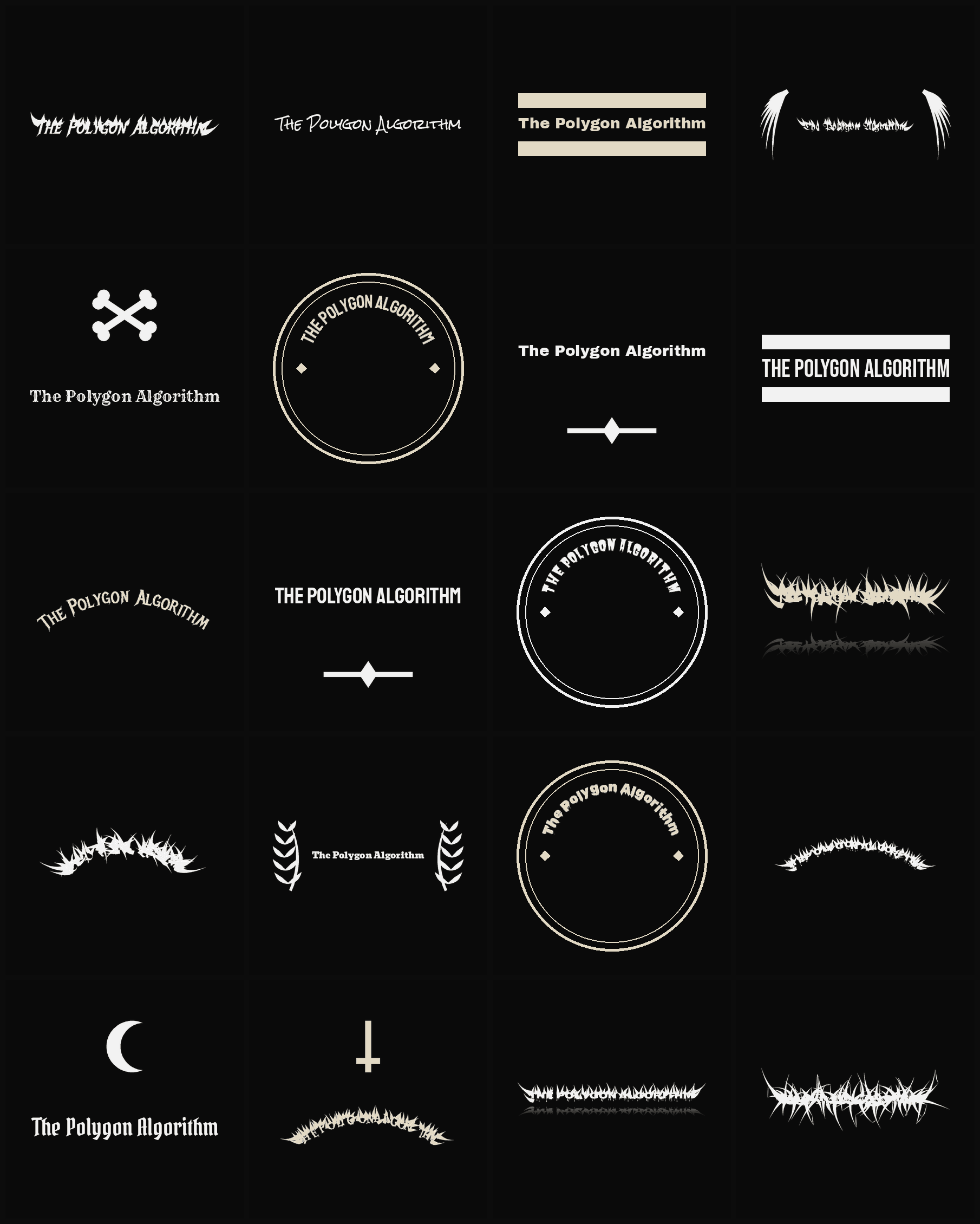 Twenty The Polygon Algorithm band logo ideas — different faces, treatments and spike settings