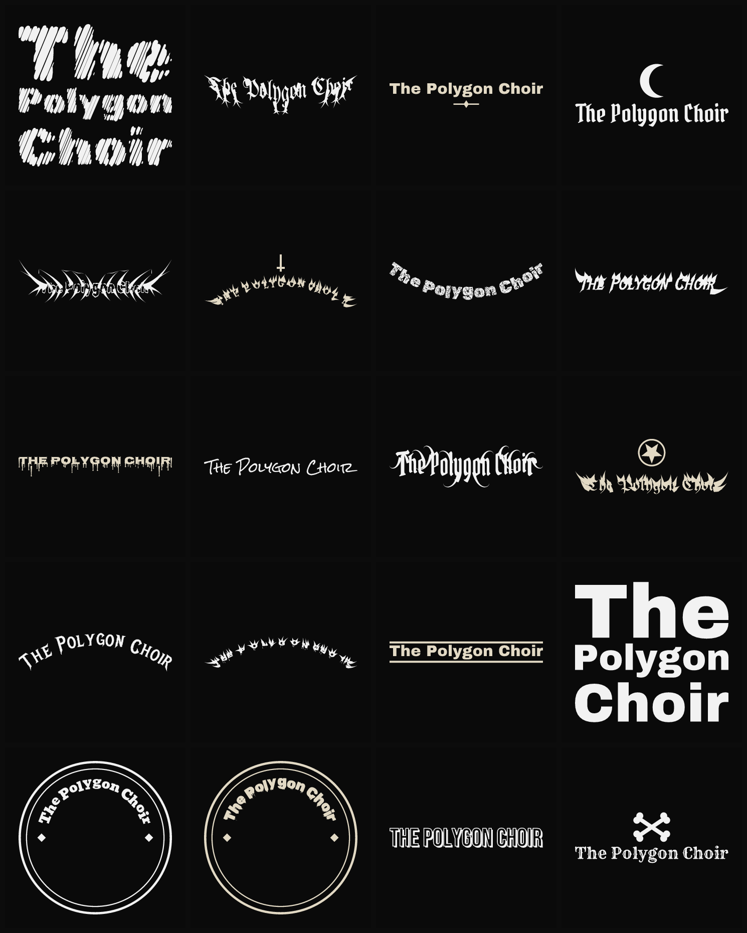 Twenty The Polygon Choir band logo ideas — different faces, treatments and spike settings