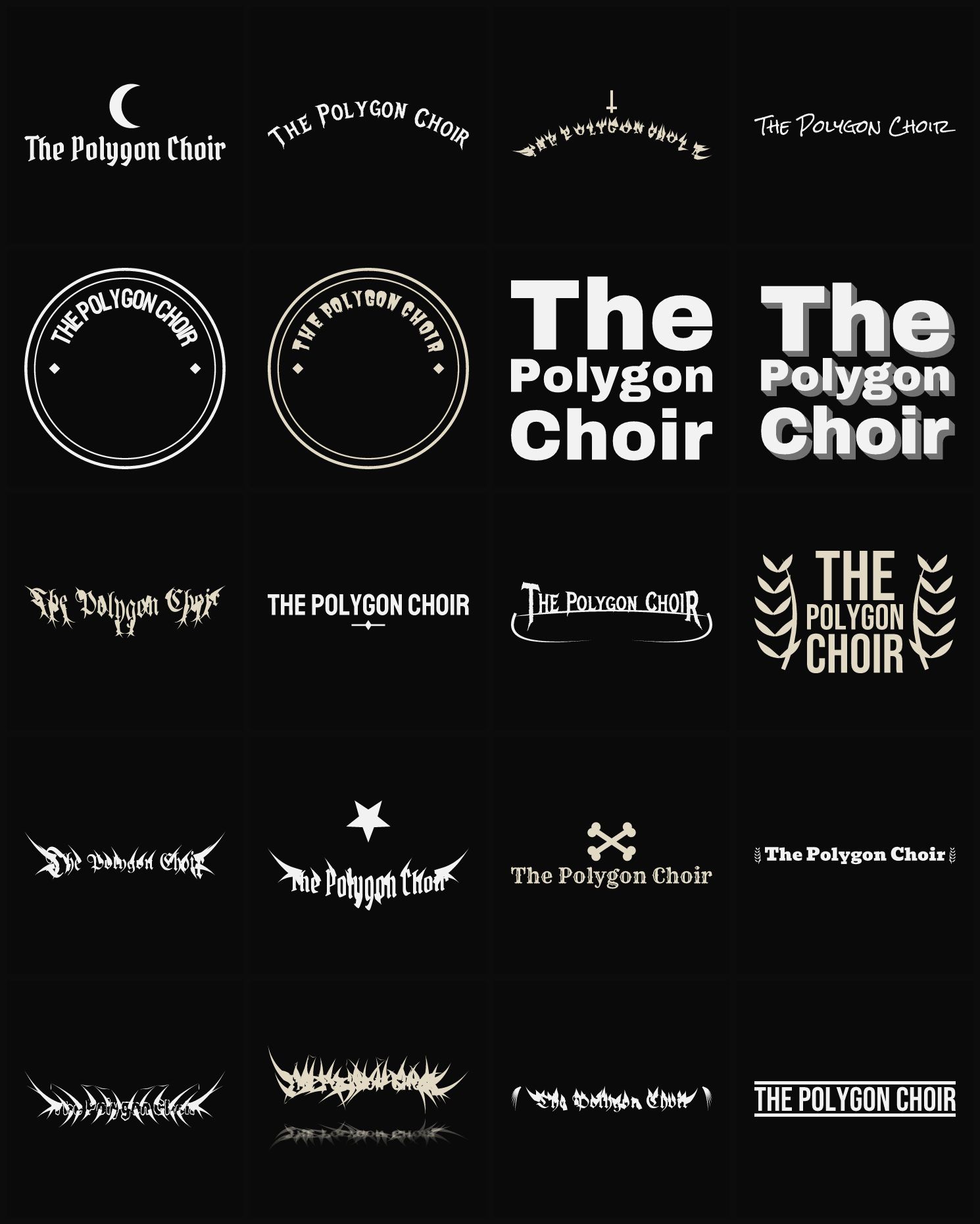 Twenty The Polygon Choir band logo ideas — different faces, treatments and spike settings