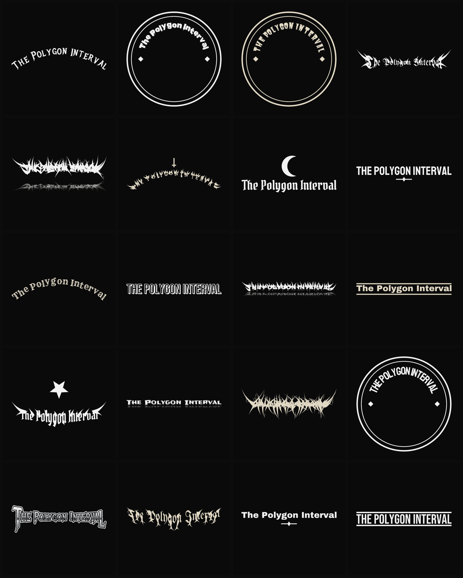 Twenty The Polygon Interval band logo ideas — different faces, treatments and spike settings