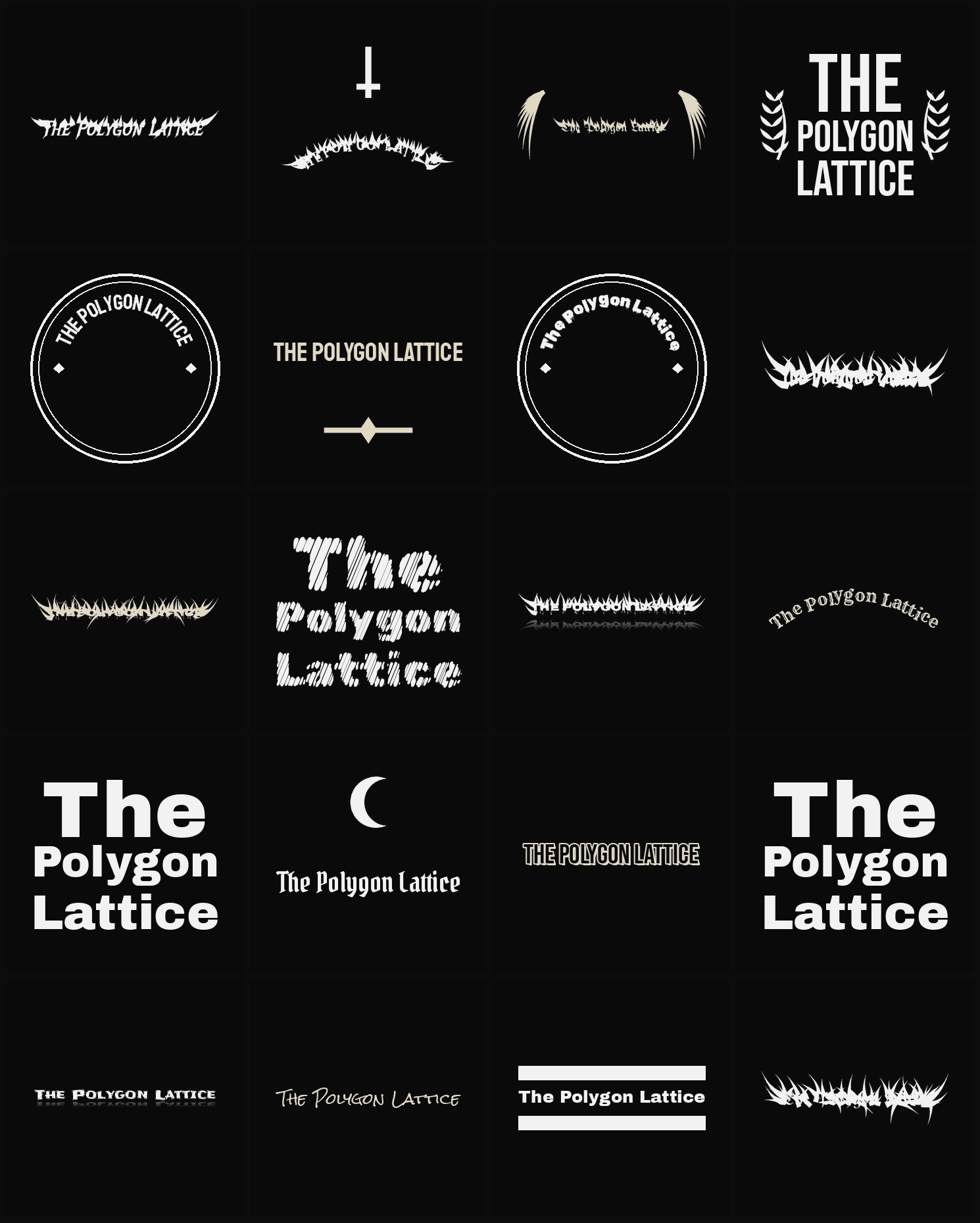 Twenty The Polygon Lattice band logo ideas — different faces, treatments and spike settings