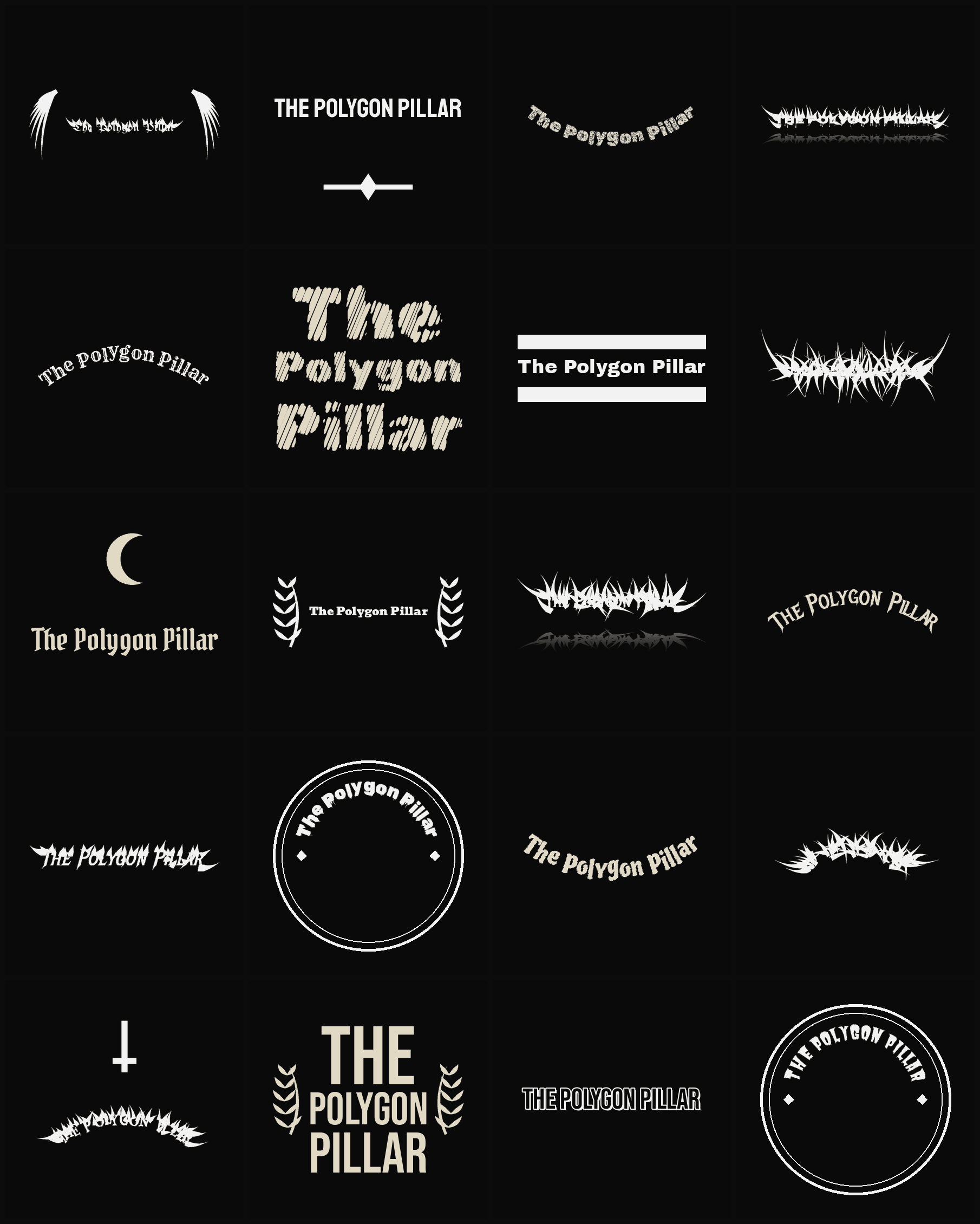 Twenty The Polygon Pillar band logo ideas — different faces, treatments and spike settings