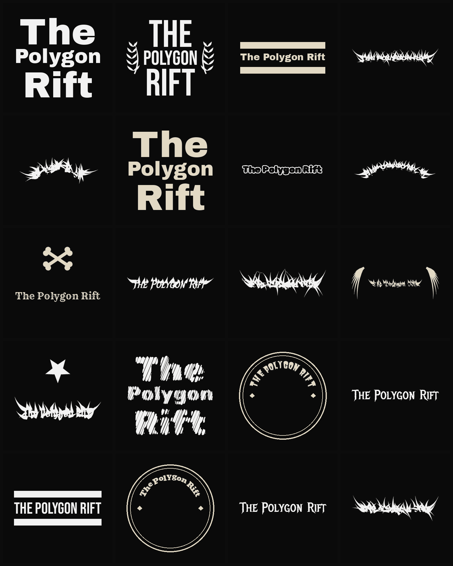 Twenty The Polygon Rift band logo ideas — different faces, treatments and spike settings