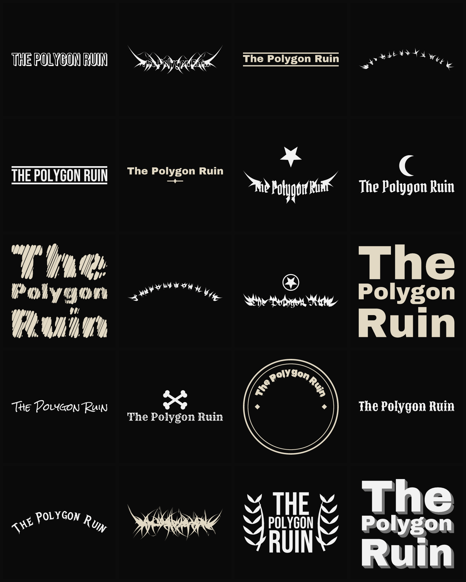 Twenty The Polygon Ruin band logo ideas — different faces, treatments and spike settings