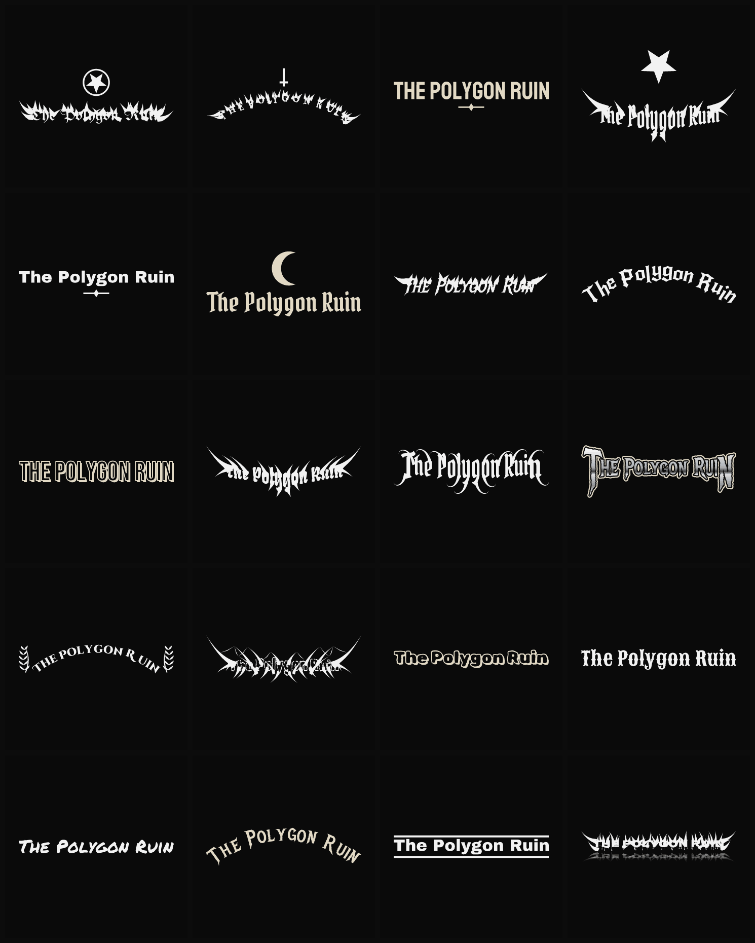 Twenty The Polygon Ruin band logo ideas — different faces, treatments and spike settings