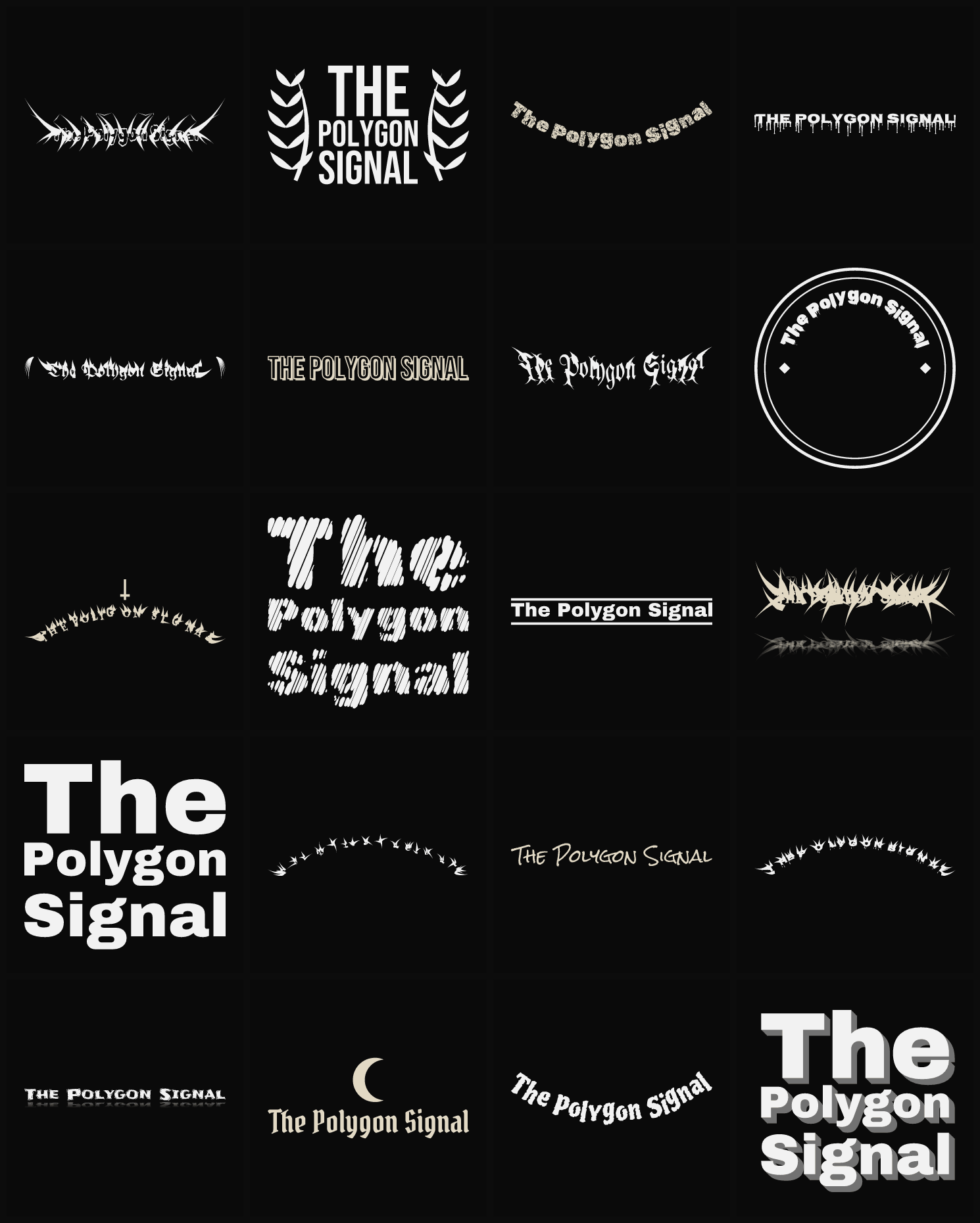 Twenty The Polygon Signal band logo ideas — different faces, treatments and spike settings