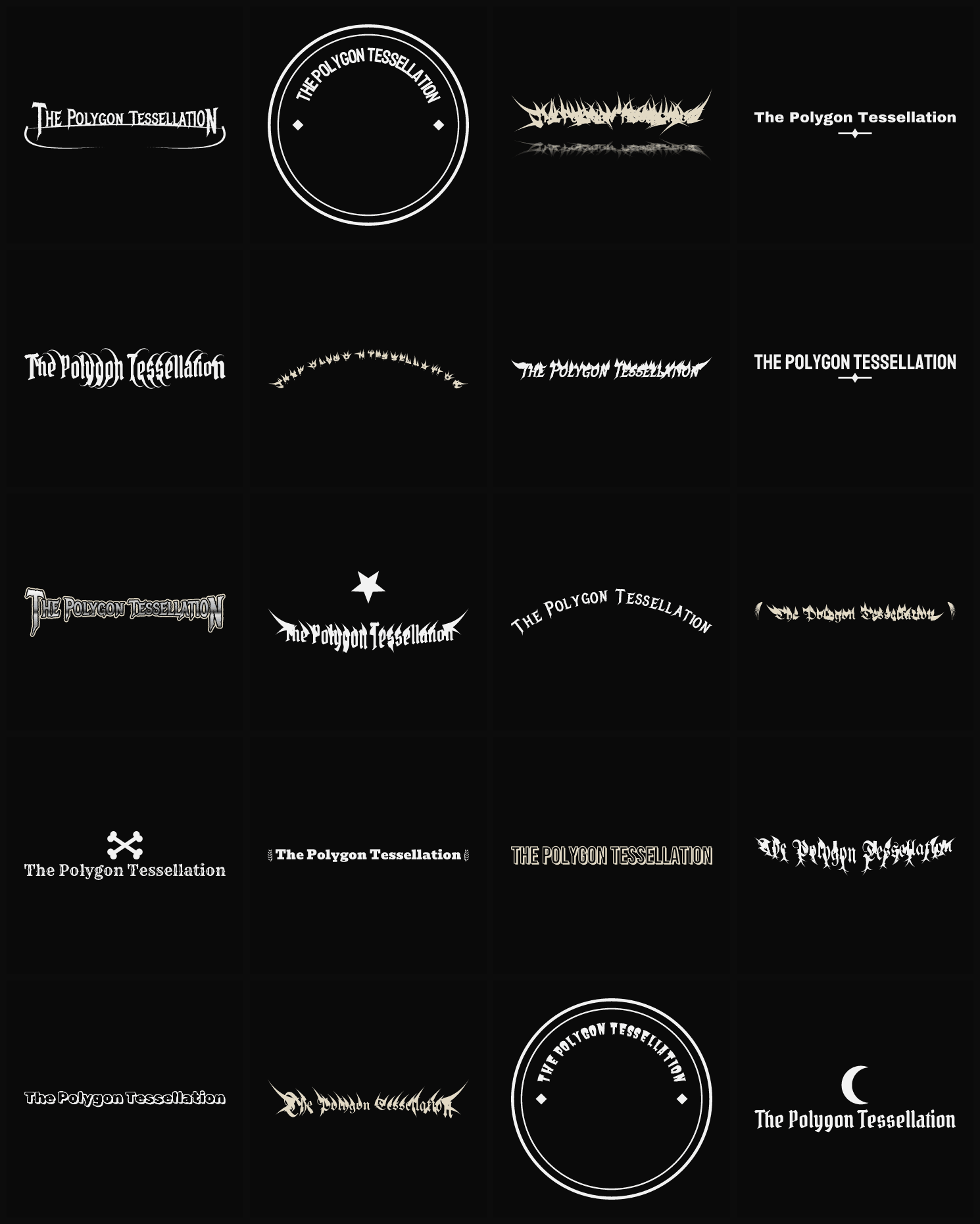 Twenty The Polygon Tessellation band logo ideas — different faces, treatments and spike settings