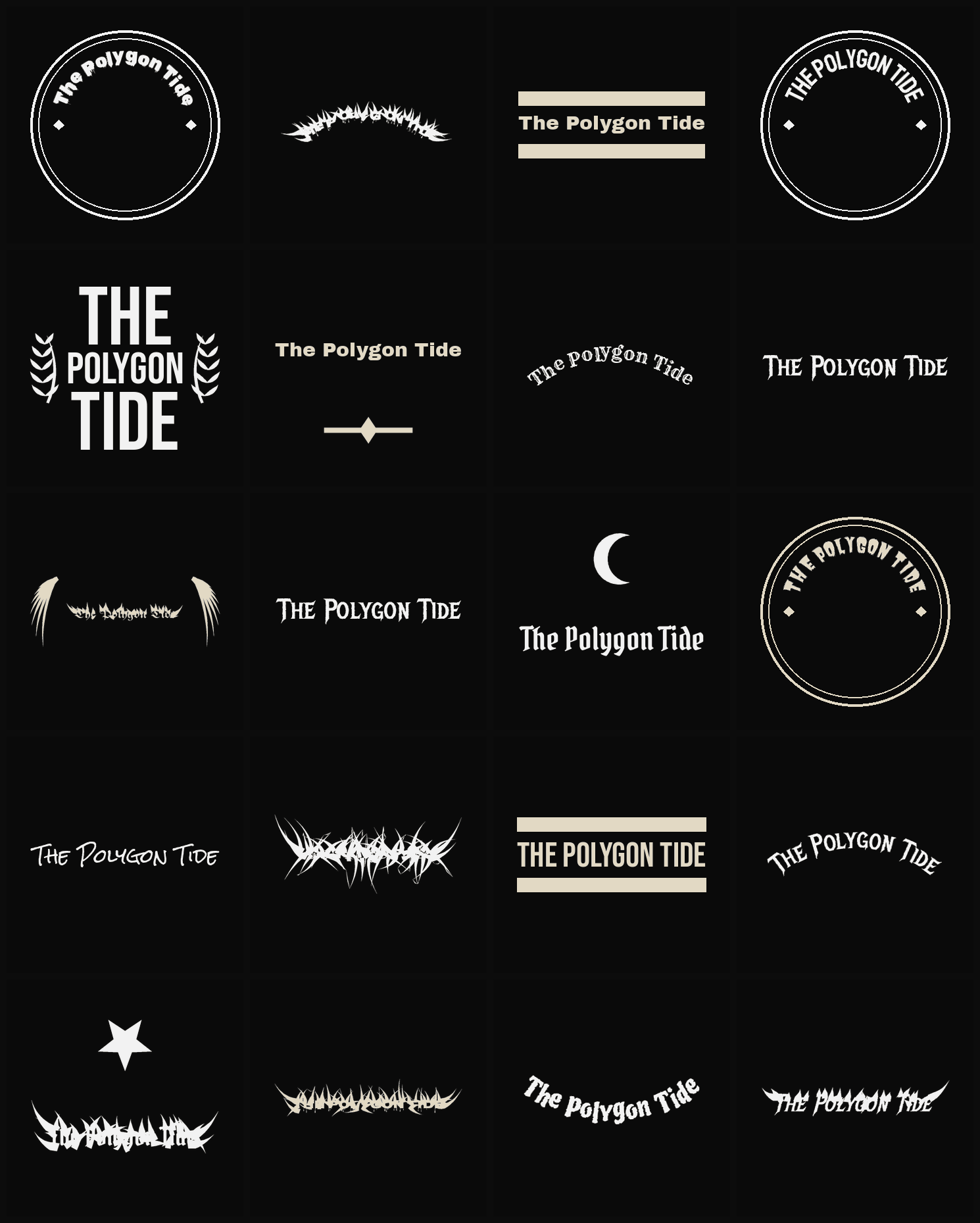 Twenty The Polygon Tide band logo ideas — different faces, treatments and spike settings