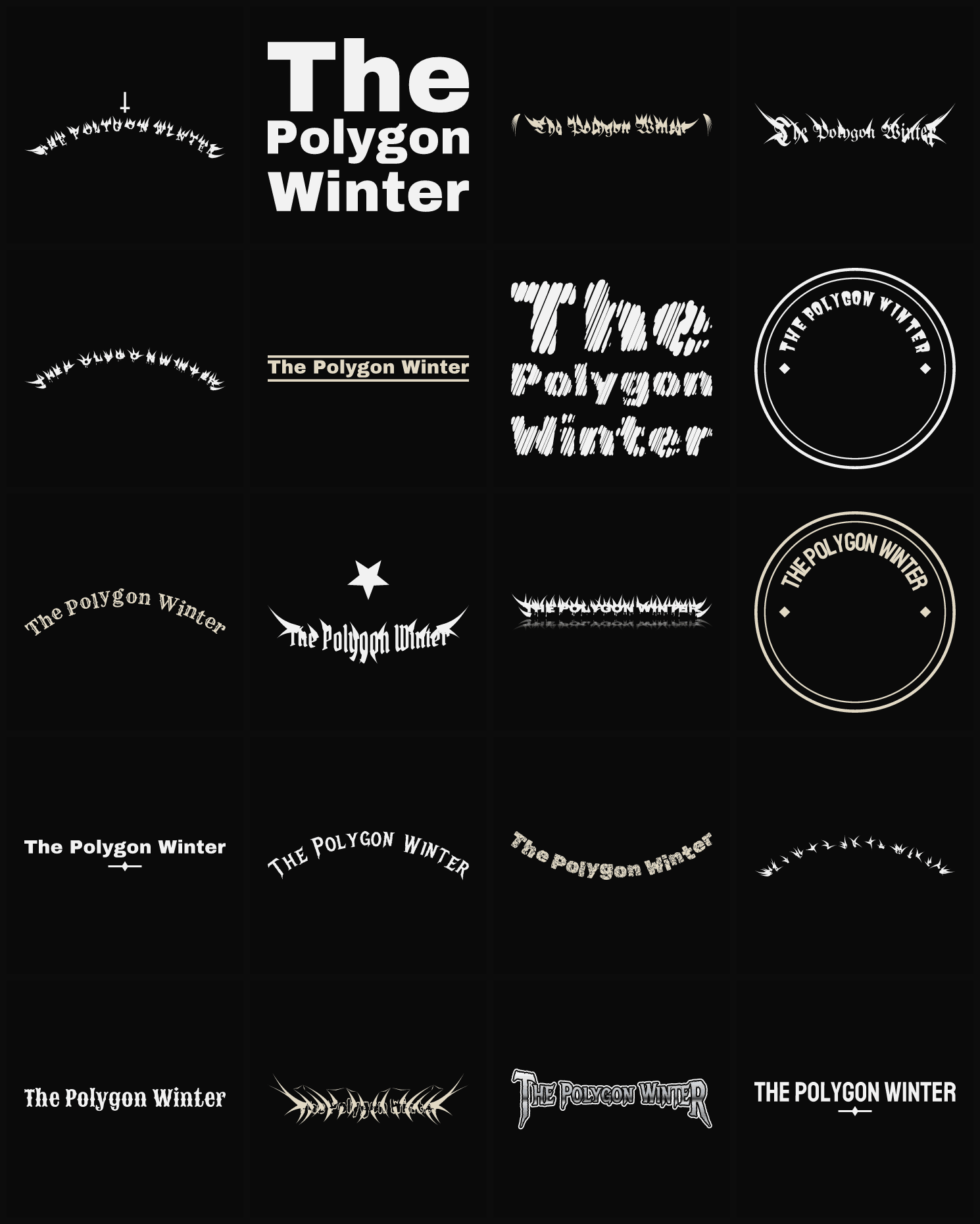 Twenty The Polygon Winter band logo ideas — different faces, treatments and spike settings