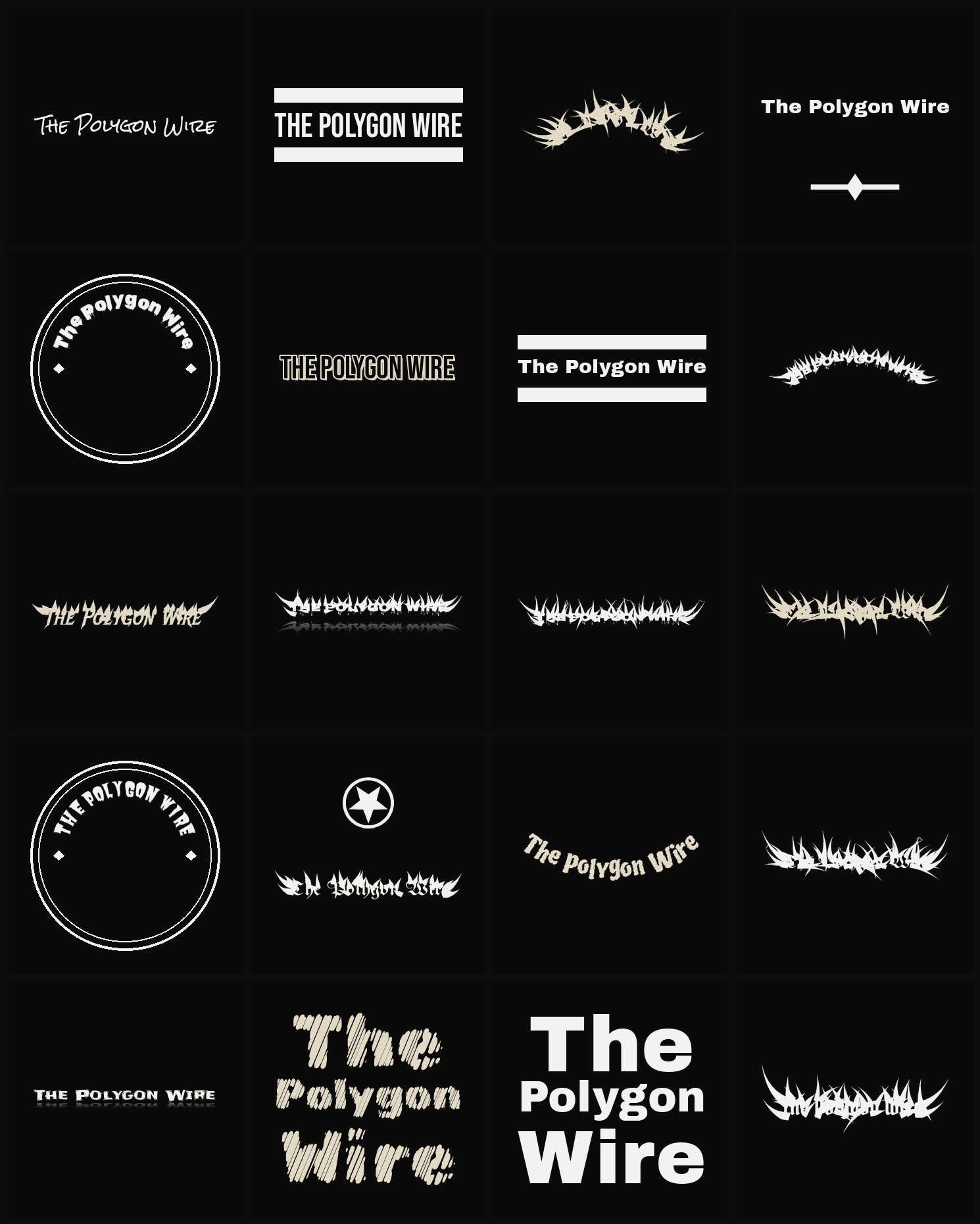 Twenty The Polygon Wire band logo ideas — different faces, treatments and spike settings