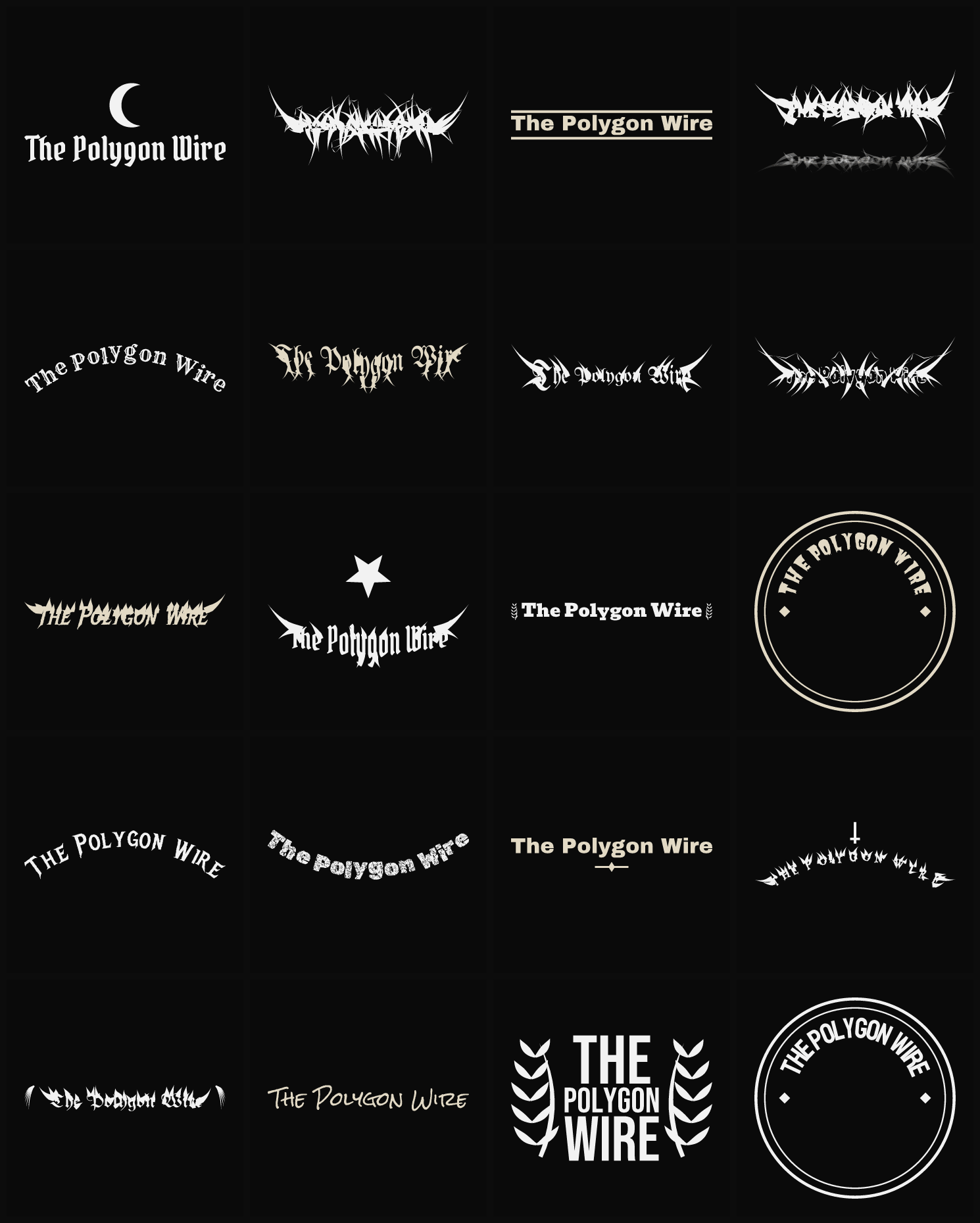 Twenty The Polygon Wire band logo ideas — different faces, treatments and spike settings