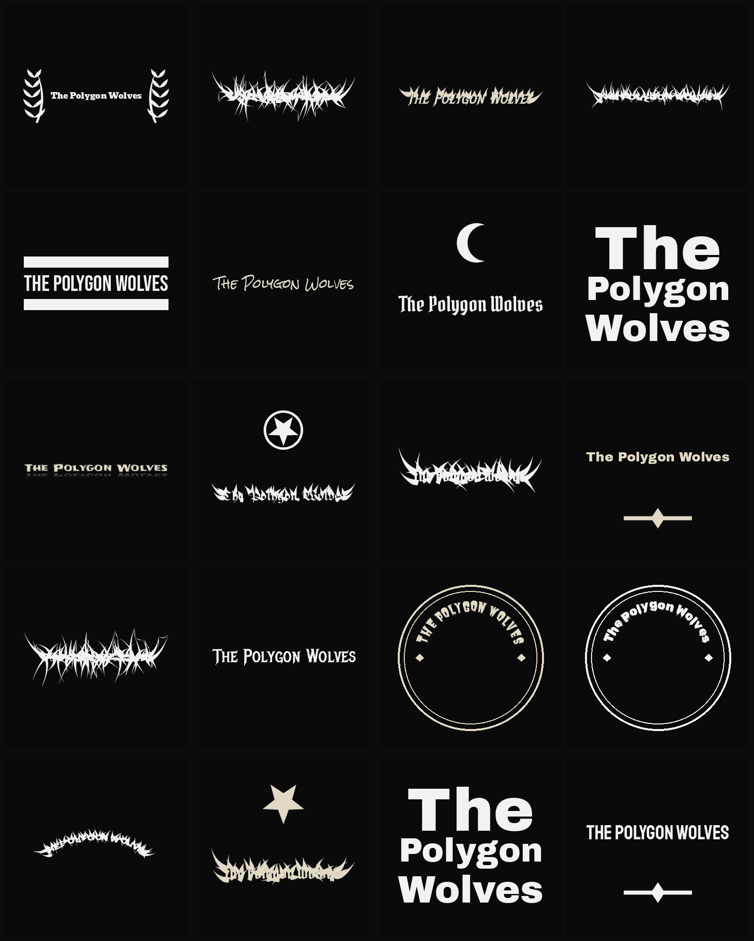 Twenty The Polygon Wolves band logo ideas — different faces, treatments and spike settings