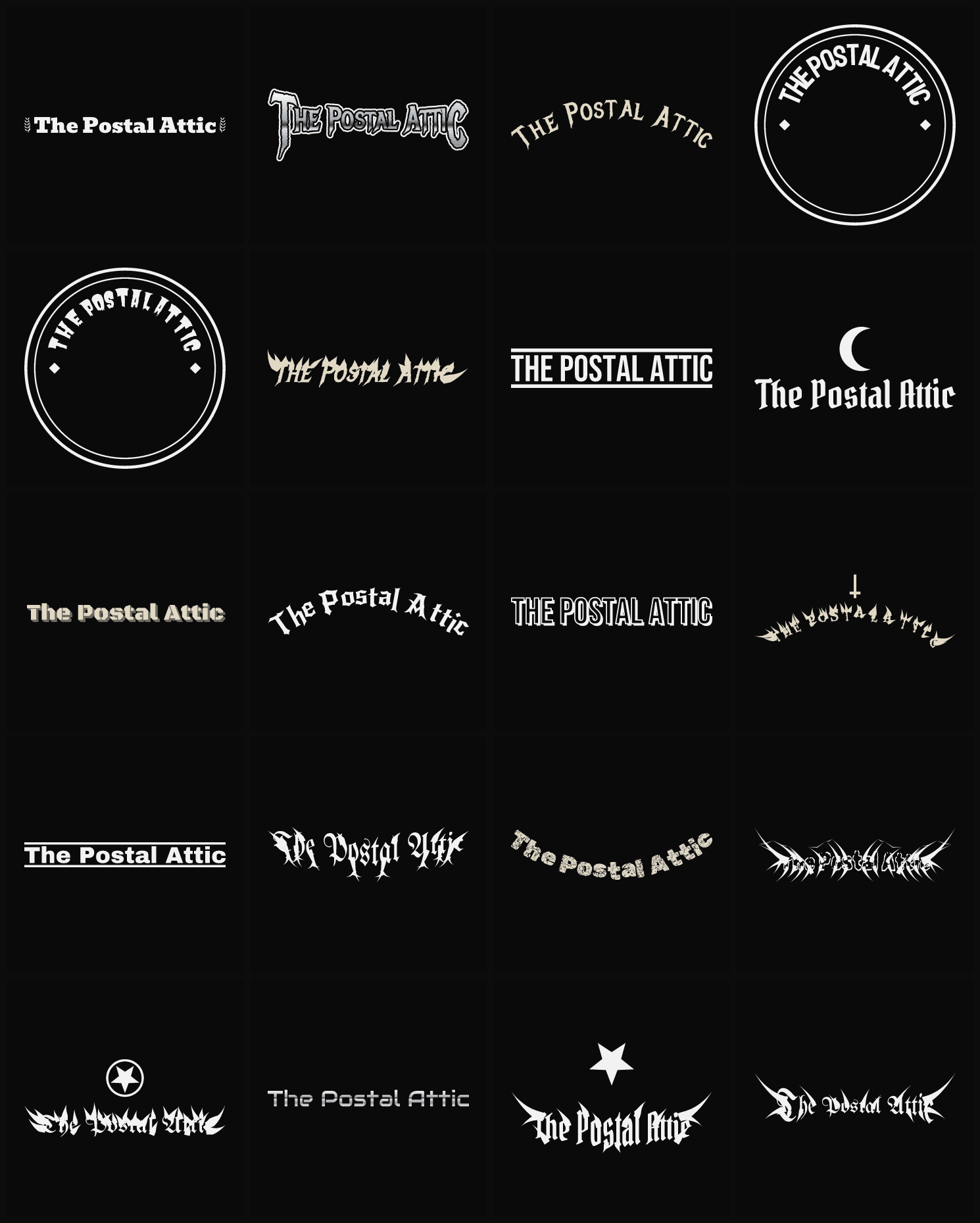 Twenty The Postal Attic band logo ideas — different faces, treatments and spike settings