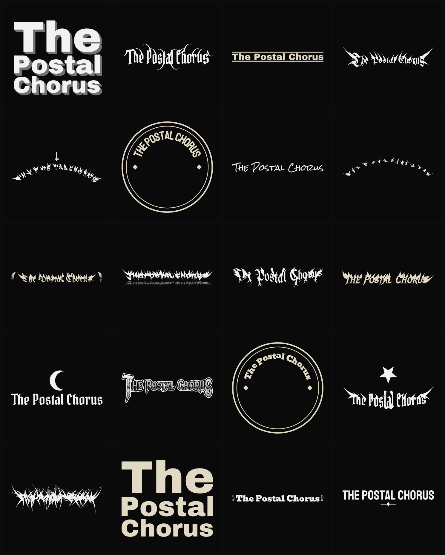 Twenty The Postal Chorus band logo ideas — different faces, treatments and spike settings