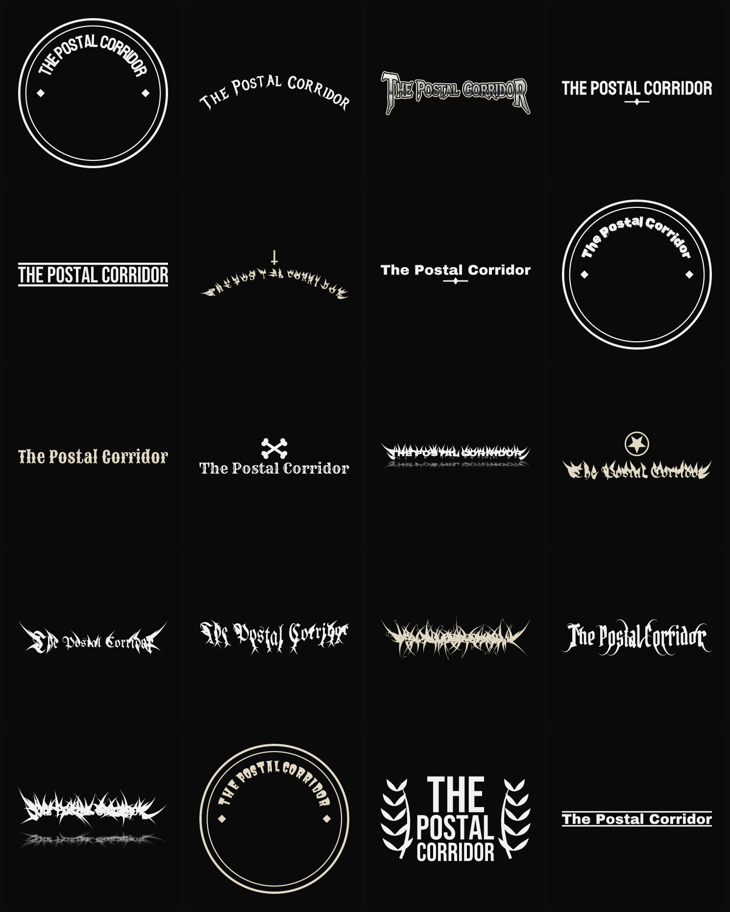 Twenty The Postal Corridor band logo ideas — different faces, treatments and spike settings