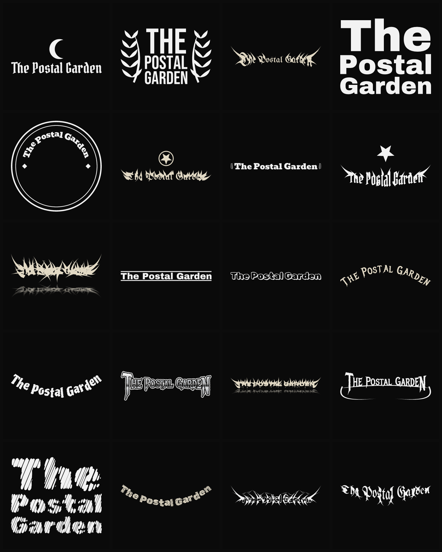 Twenty The Postal Garden band logo ideas — different faces, treatments and spike settings