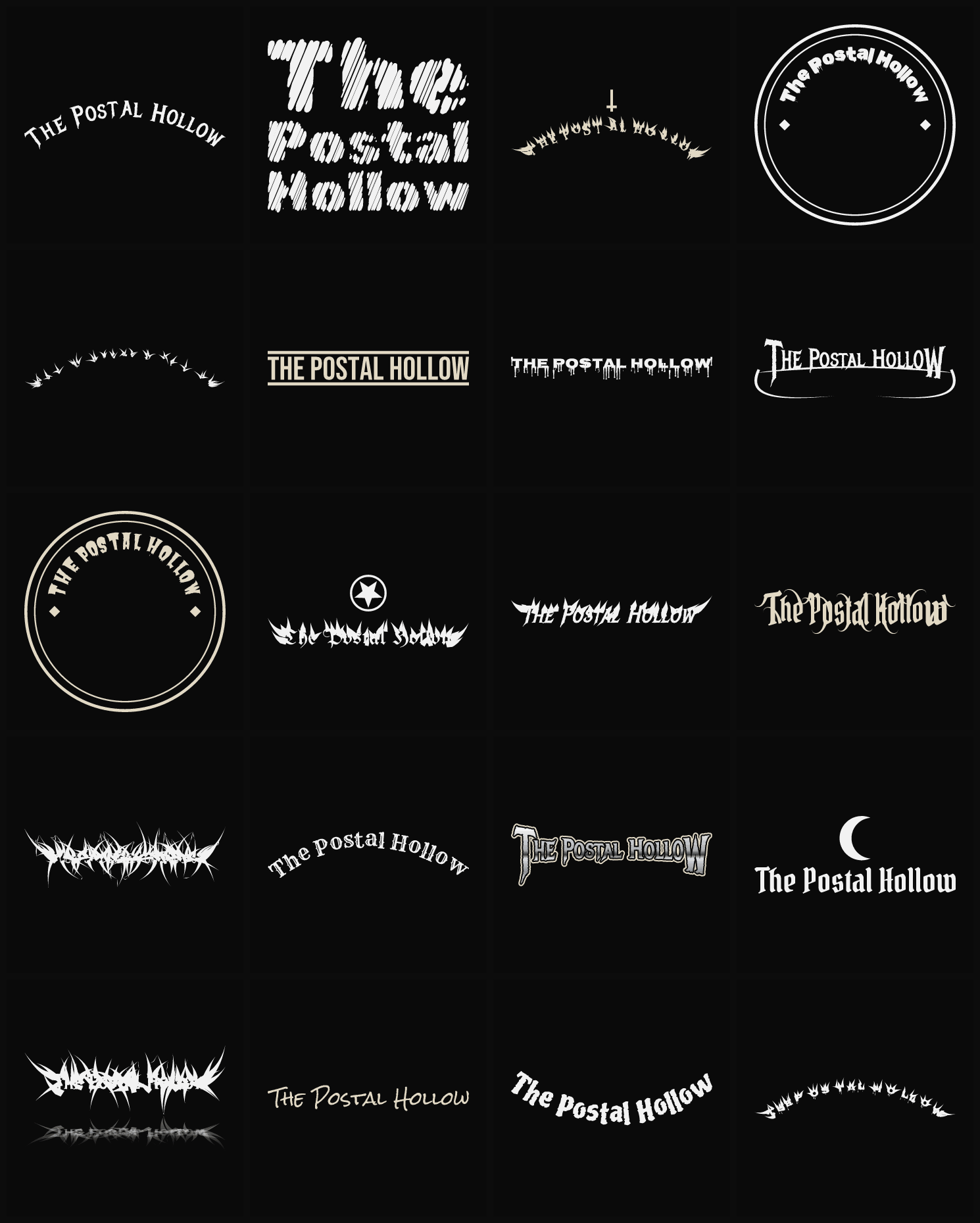 Twenty The Postal Hollow band logo ideas — different faces, treatments and spike settings